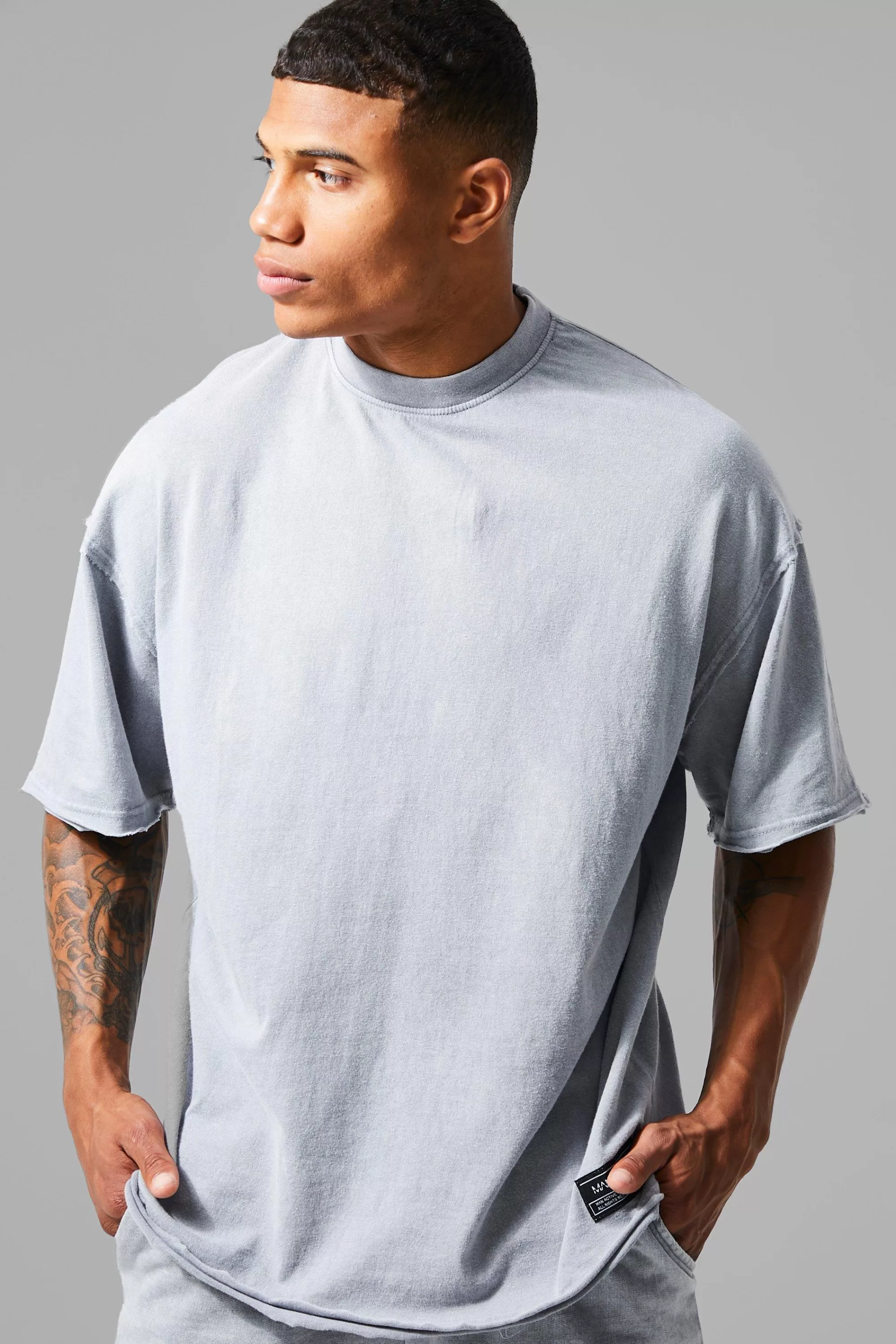boohooMAN Man Active Oversized Acid Wash Raw T-shirt | UK grey Clearance