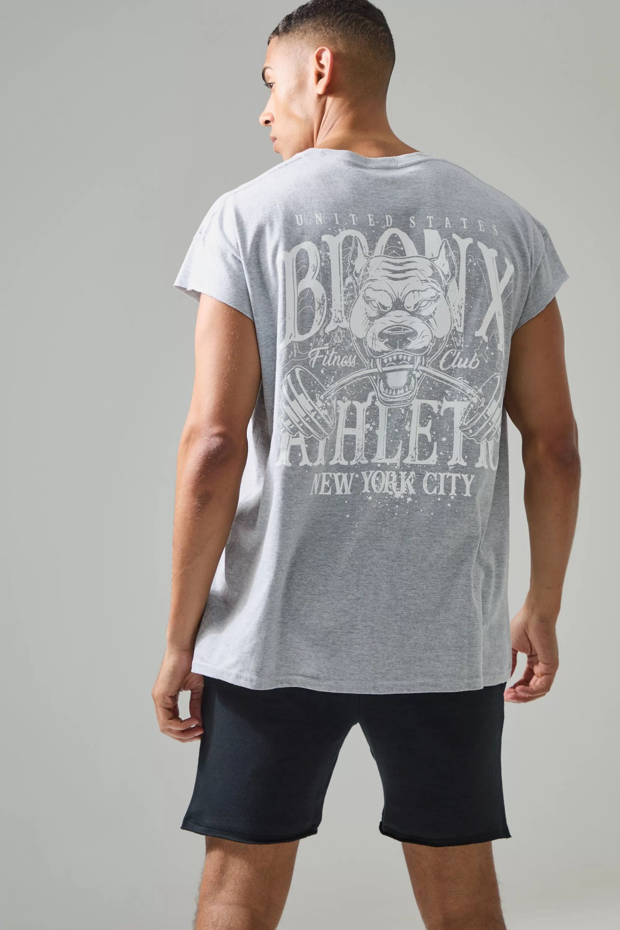 boohooMAN Man Active Oversized Bronx Barbell Cut Off T-shirt | UK grey marl Clearance