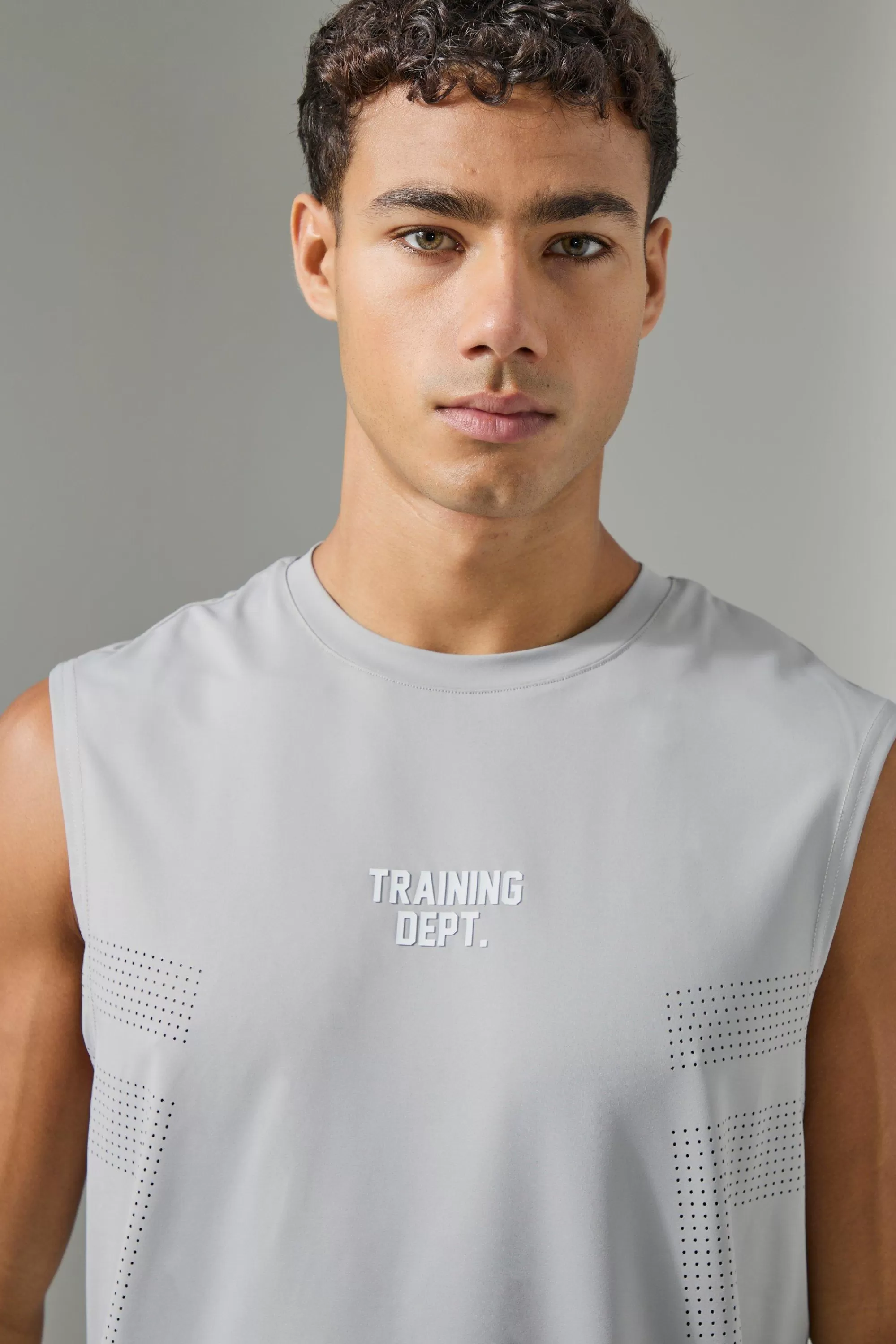 boohooMAN Man Active Training Dept Perforated Performance Tank | UK grey Shop