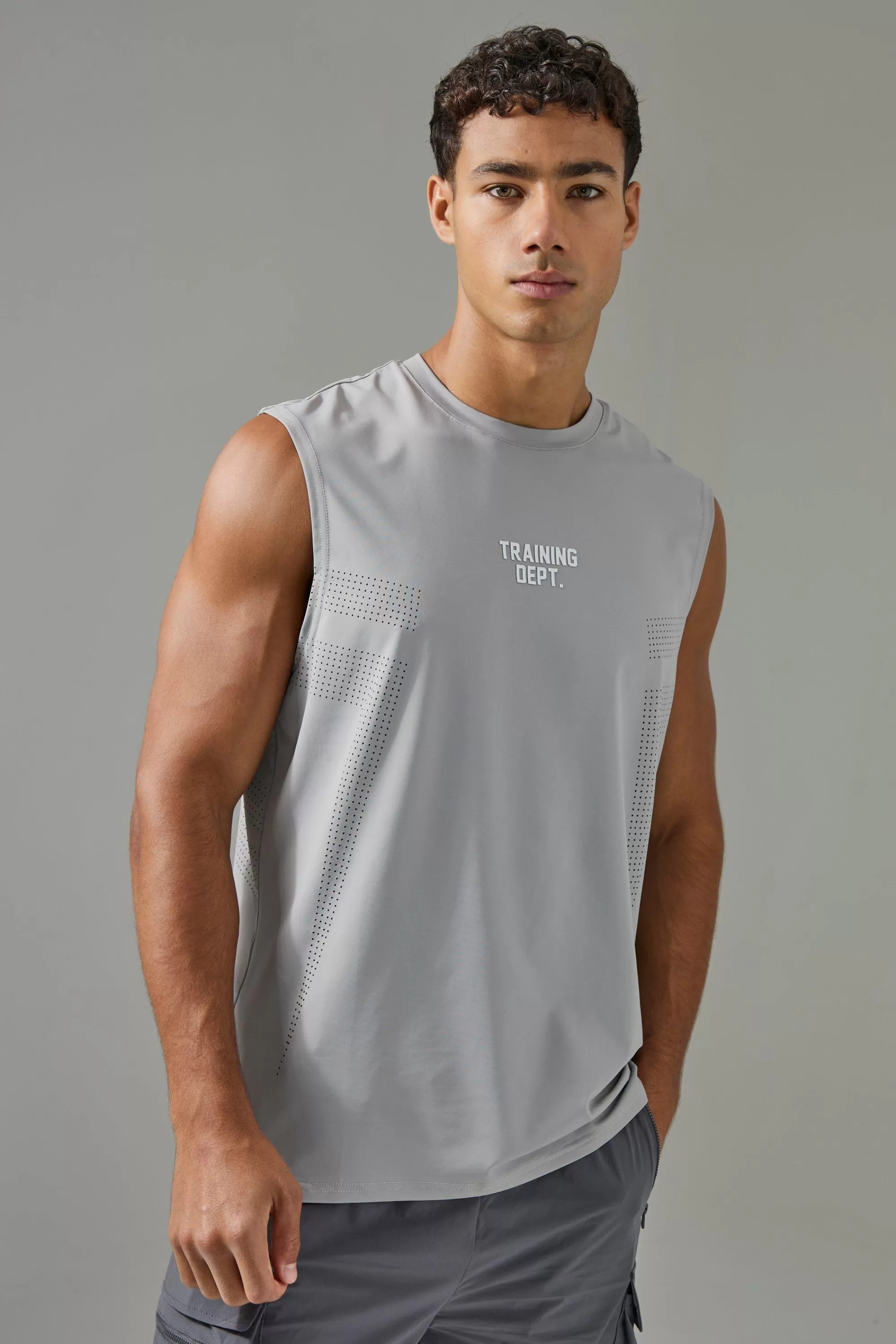 boohooMAN Man Active Training Dept Perforated Performance Tank | UK grey Shop