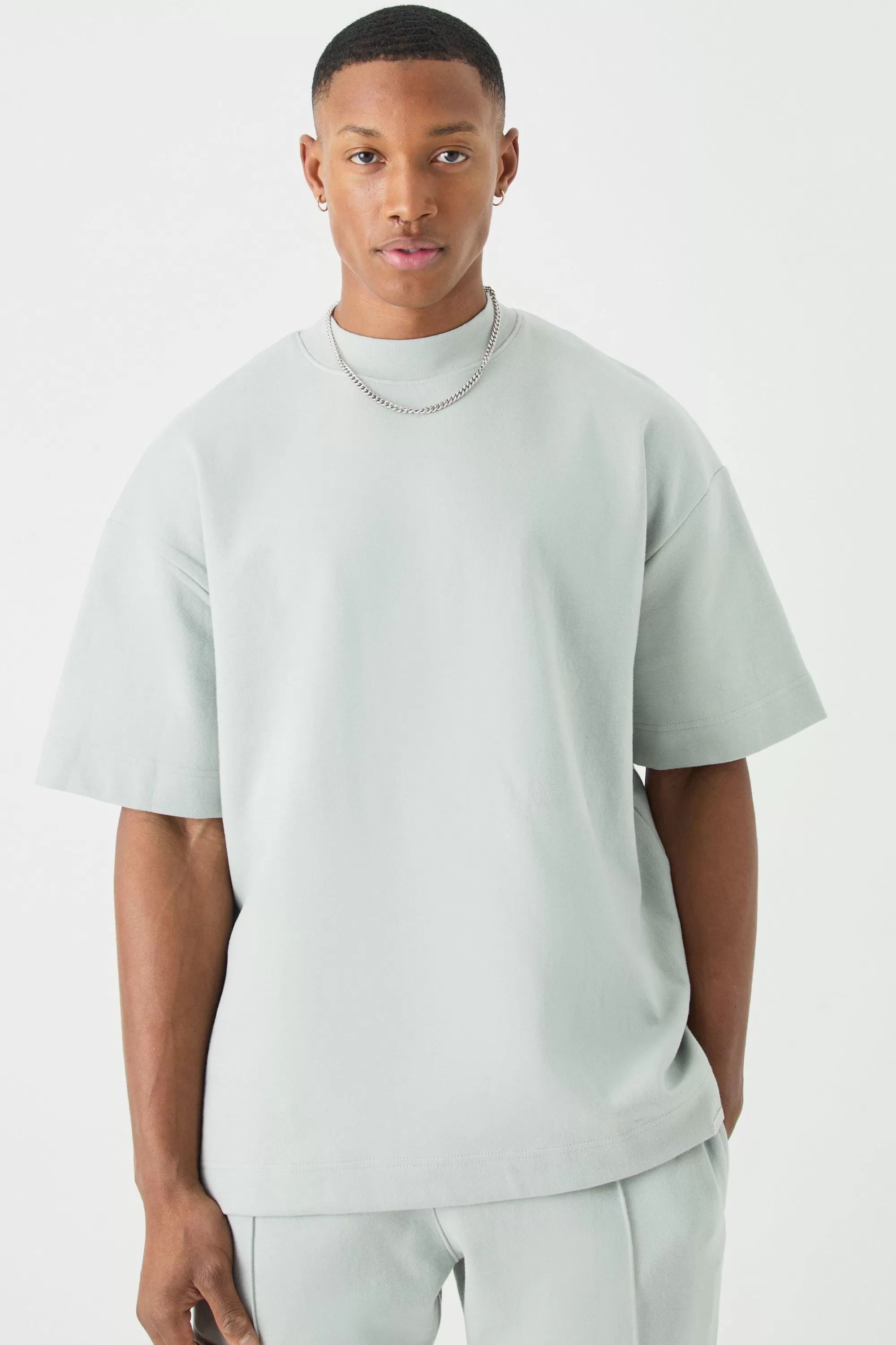 boohooMAN Man Oversized Extended Neck Heavy Interlock T-shirt | UK light grey Online