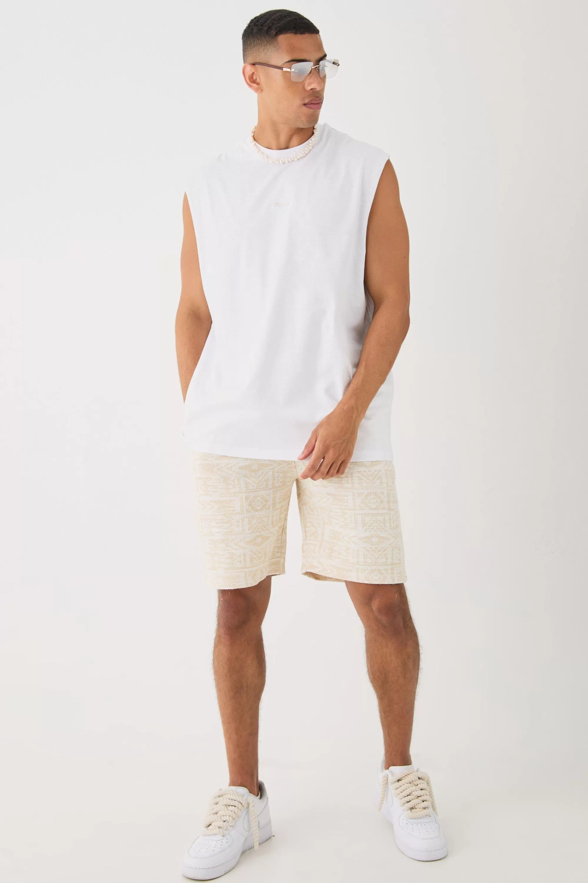boohooMAN Man Oversized Tank And Jacquard Shorts Set | UK stone Flash Sale