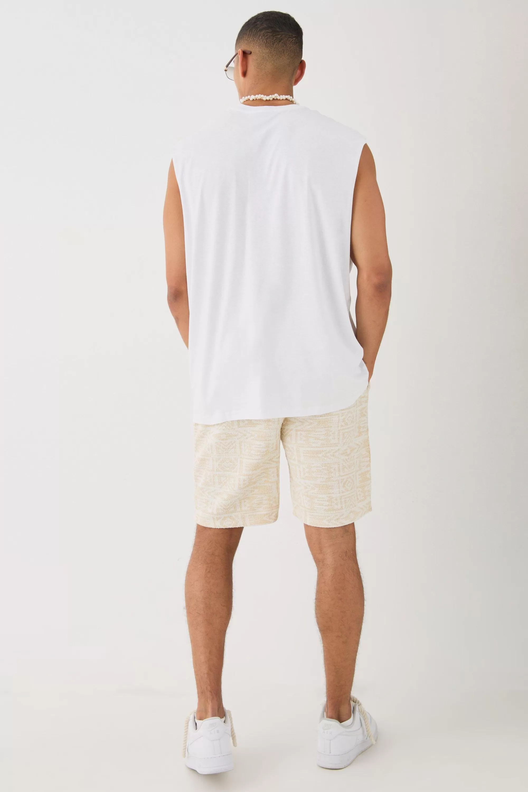 boohooMAN Man Oversized Tank And Jacquard Shorts Set | UK stone Flash Sale