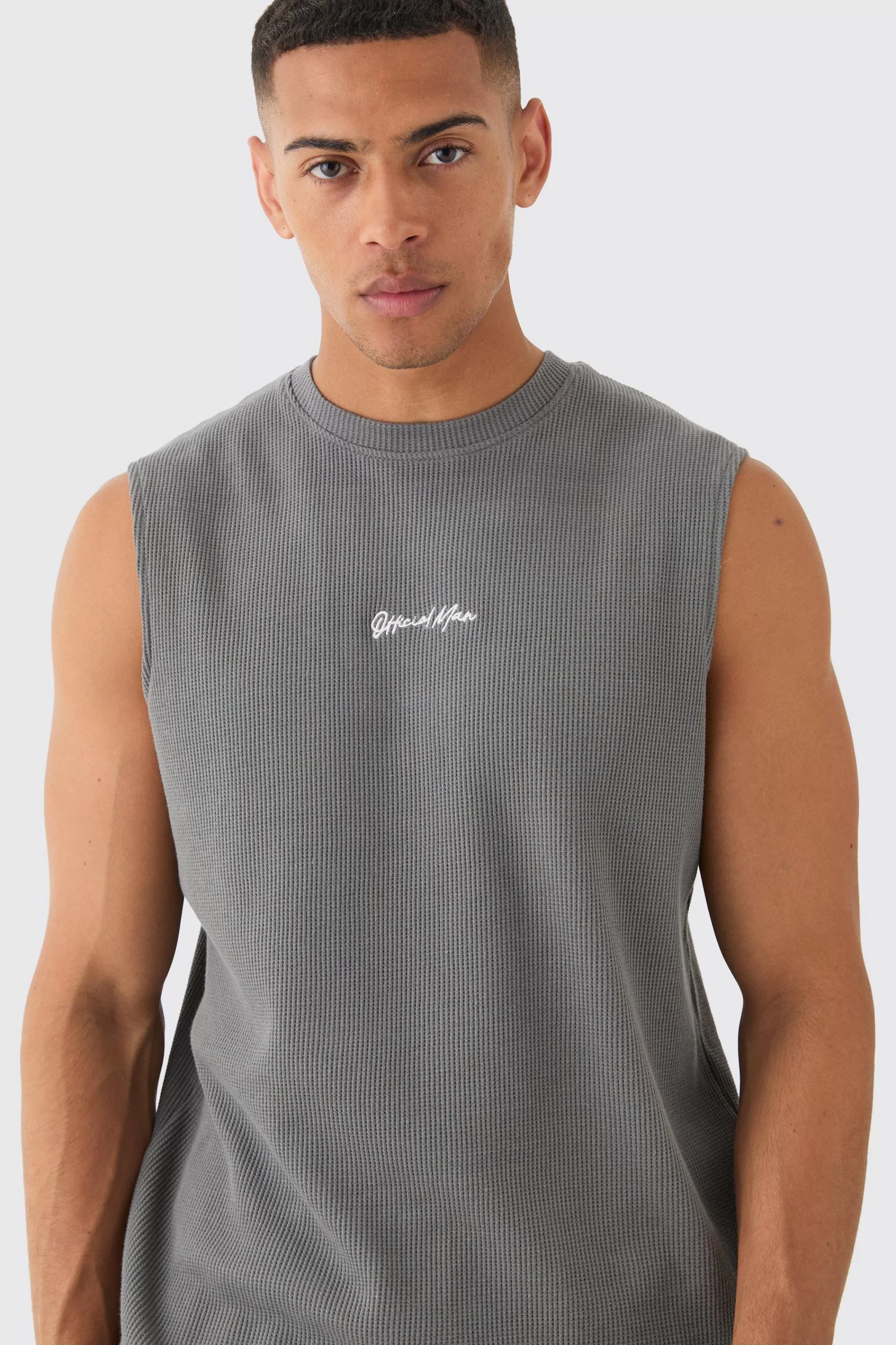 boohooMAN Man Regular Fit Waffle Tank And Cargo Shorts Set | UK charcoal Clearance