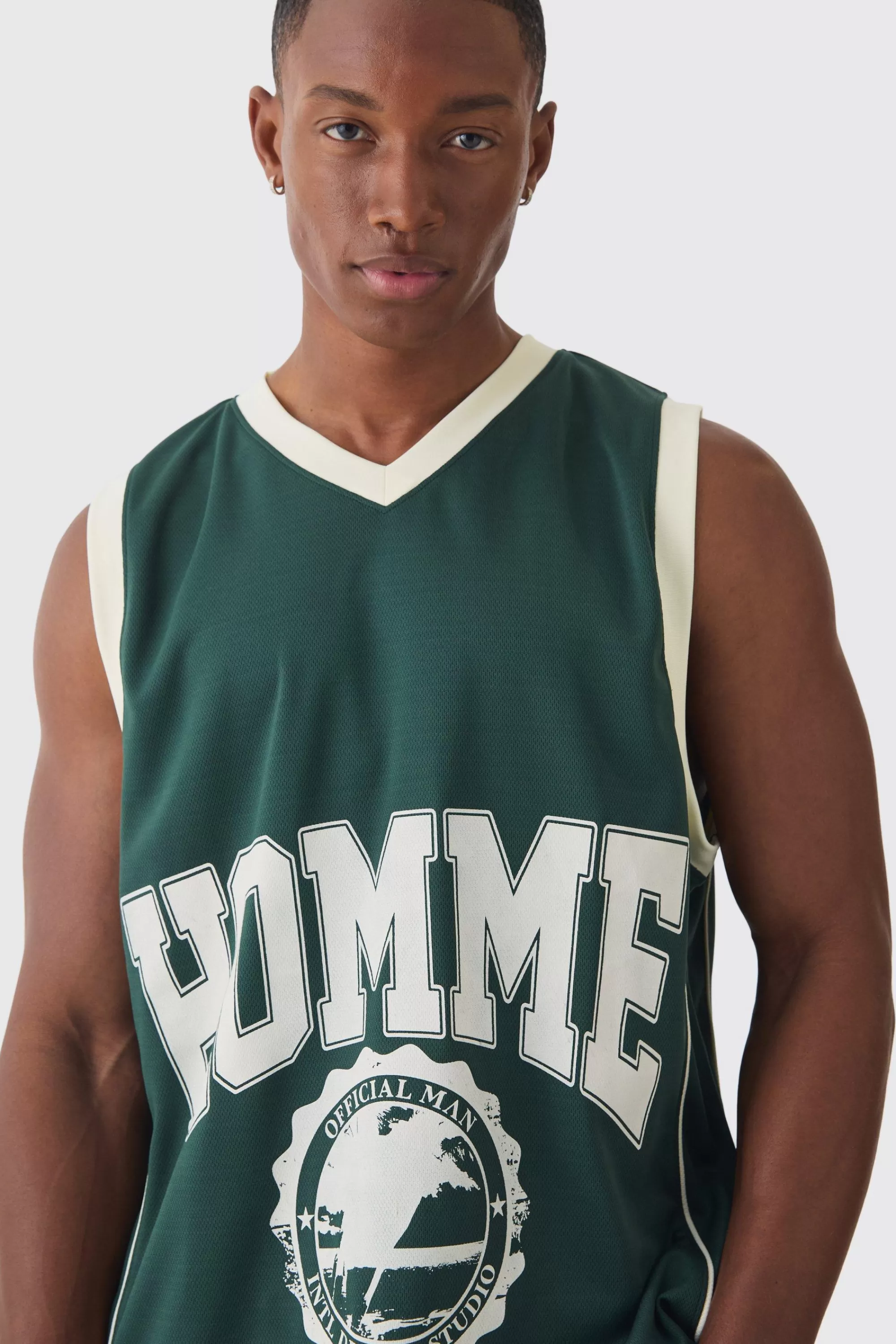 boohooMAN Mesh High Build Print & Side Panel Mesh Varsity Vest | UK forest Clearance