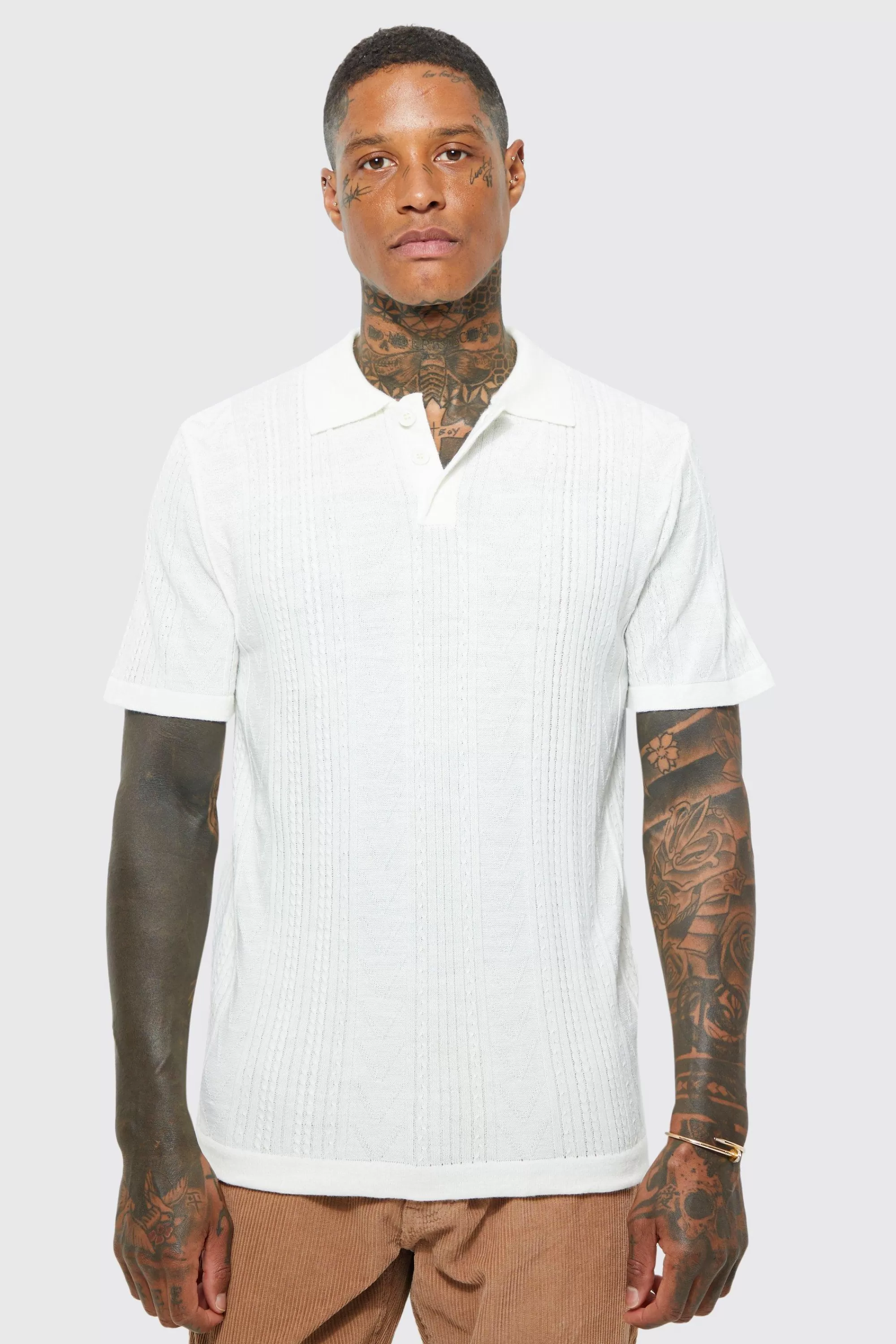boohooMAN Mini Lightweight Striped Texture Knitted Polo | UK ecru Sale