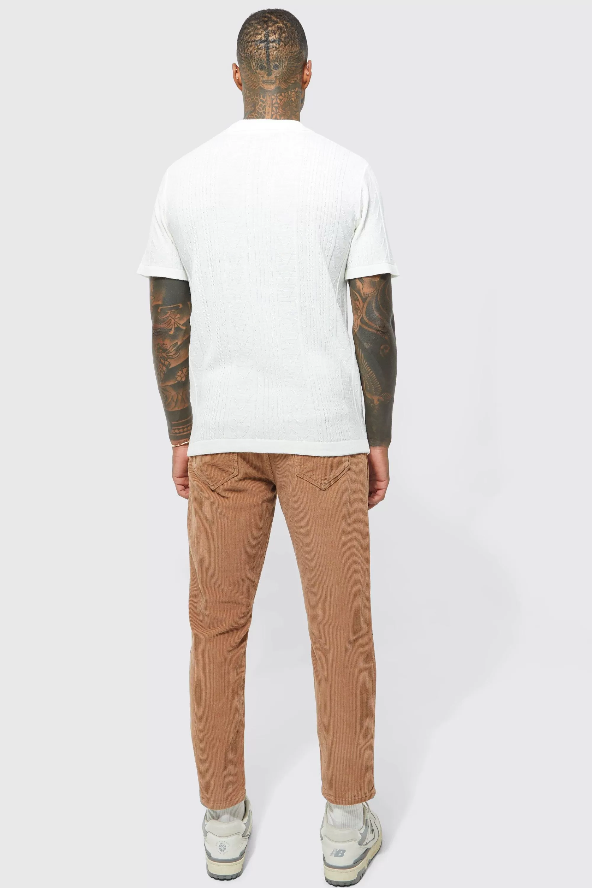 boohooMAN Mini Lightweight Striped Texture Knitted Polo | UK ecru Sale