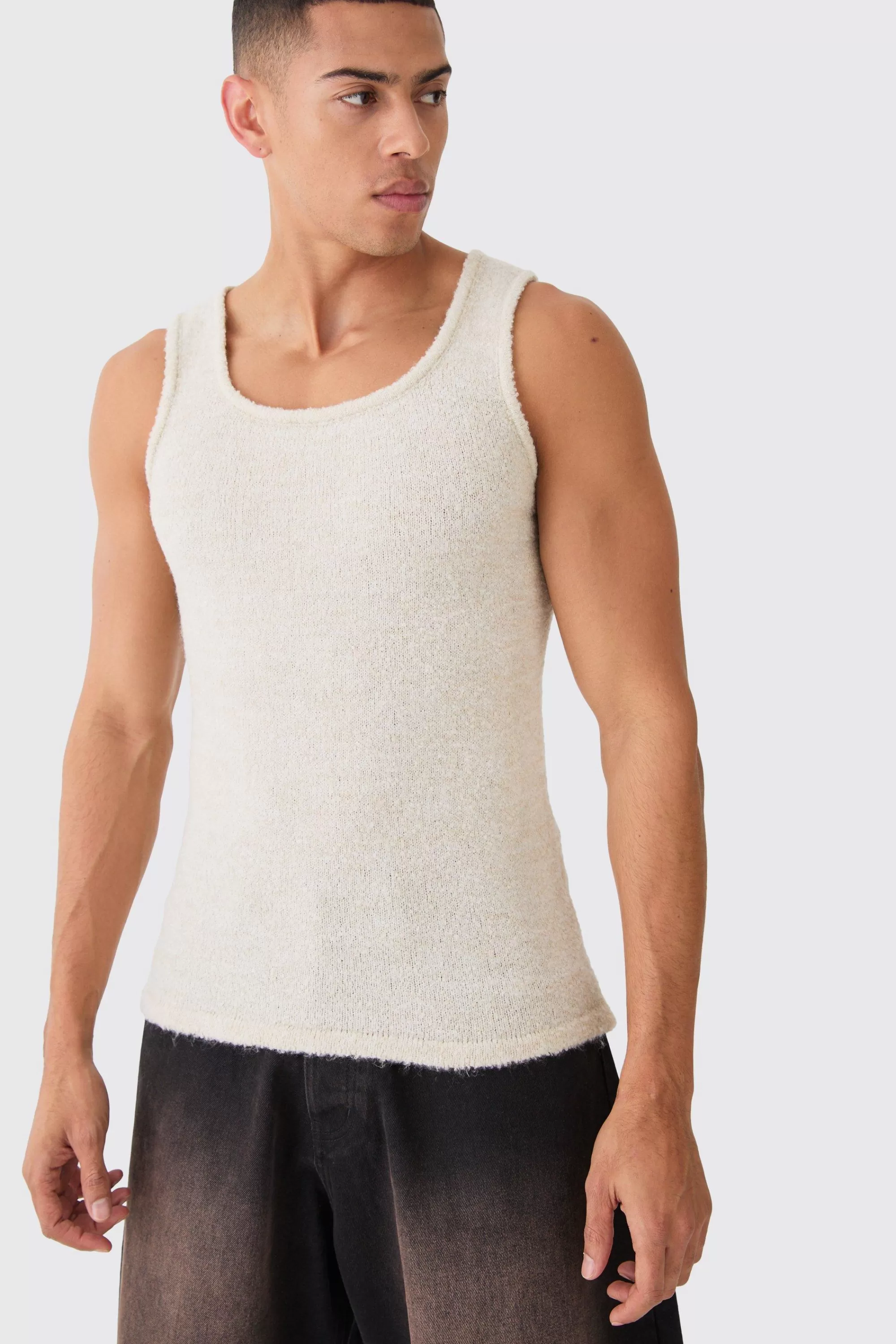 boohooMAN Muscle Fit Boucle Textured Knitted Vest | UK ecru Best Sale