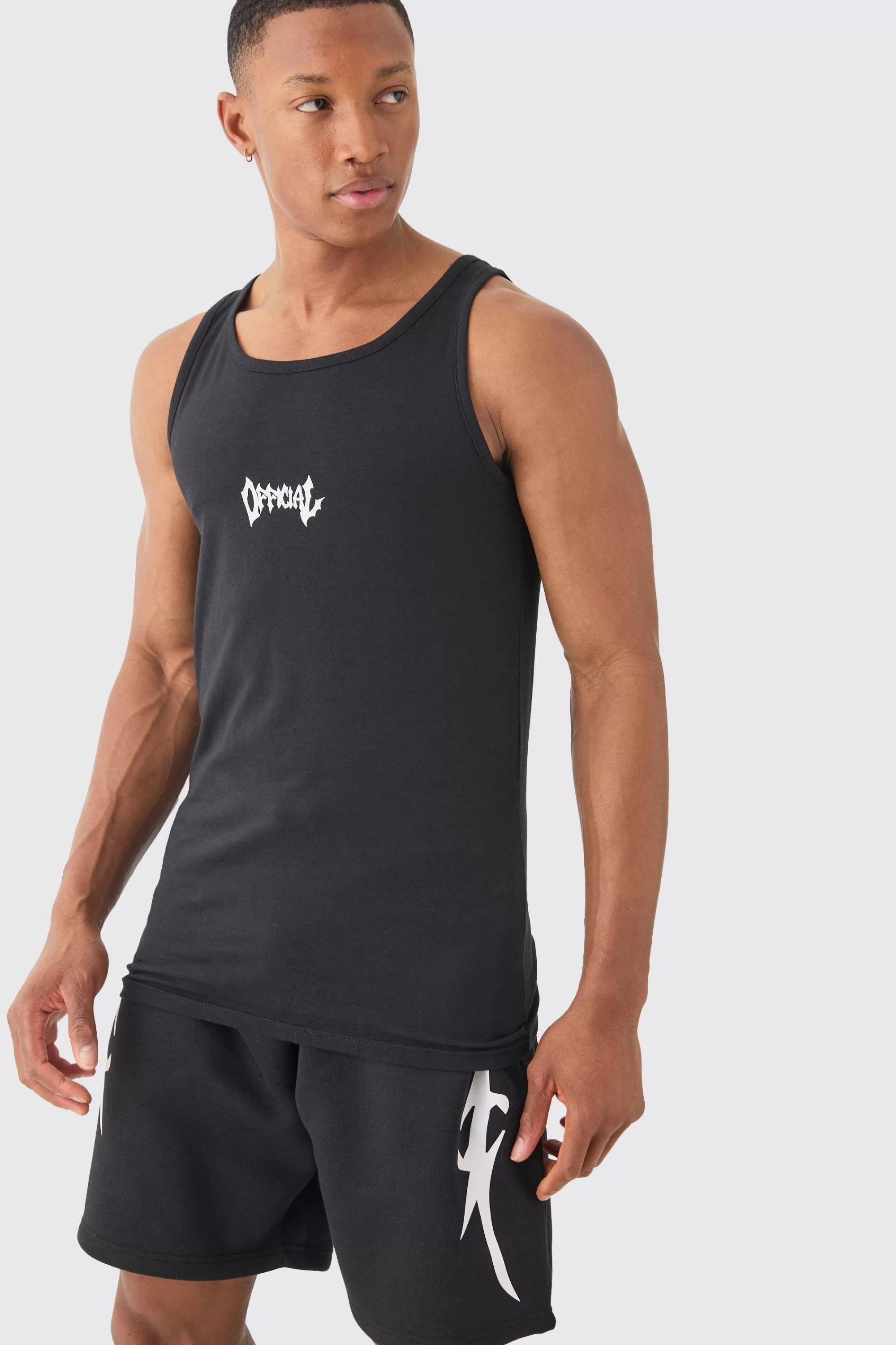 boohooMAN Muscle Fit Graphic Official Vest & Shorts Set | UK black Store