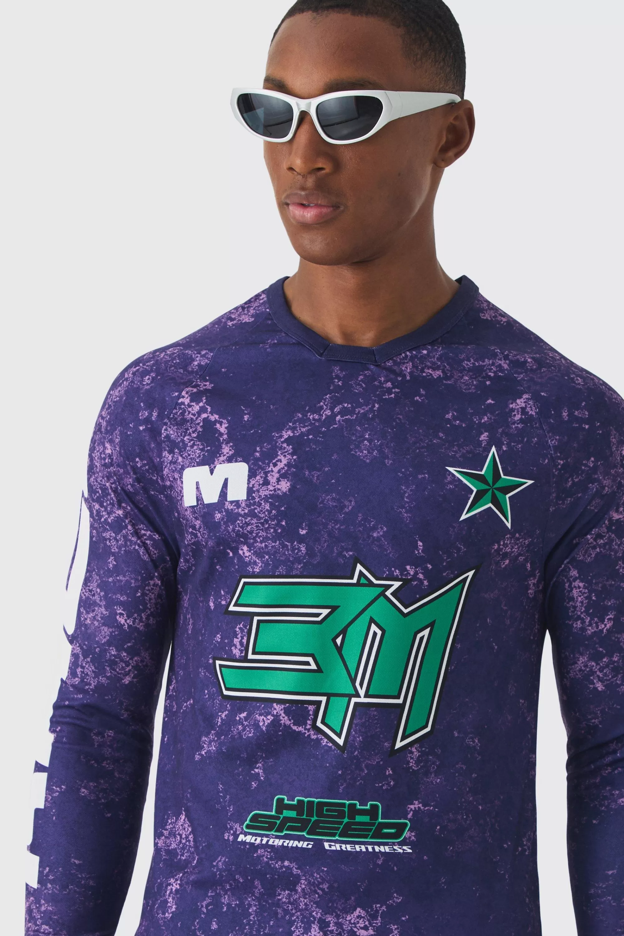 boohooMAN Muscle Fit Motorsport BHM Printed Long Sleeve Top | UK purple Best Sale