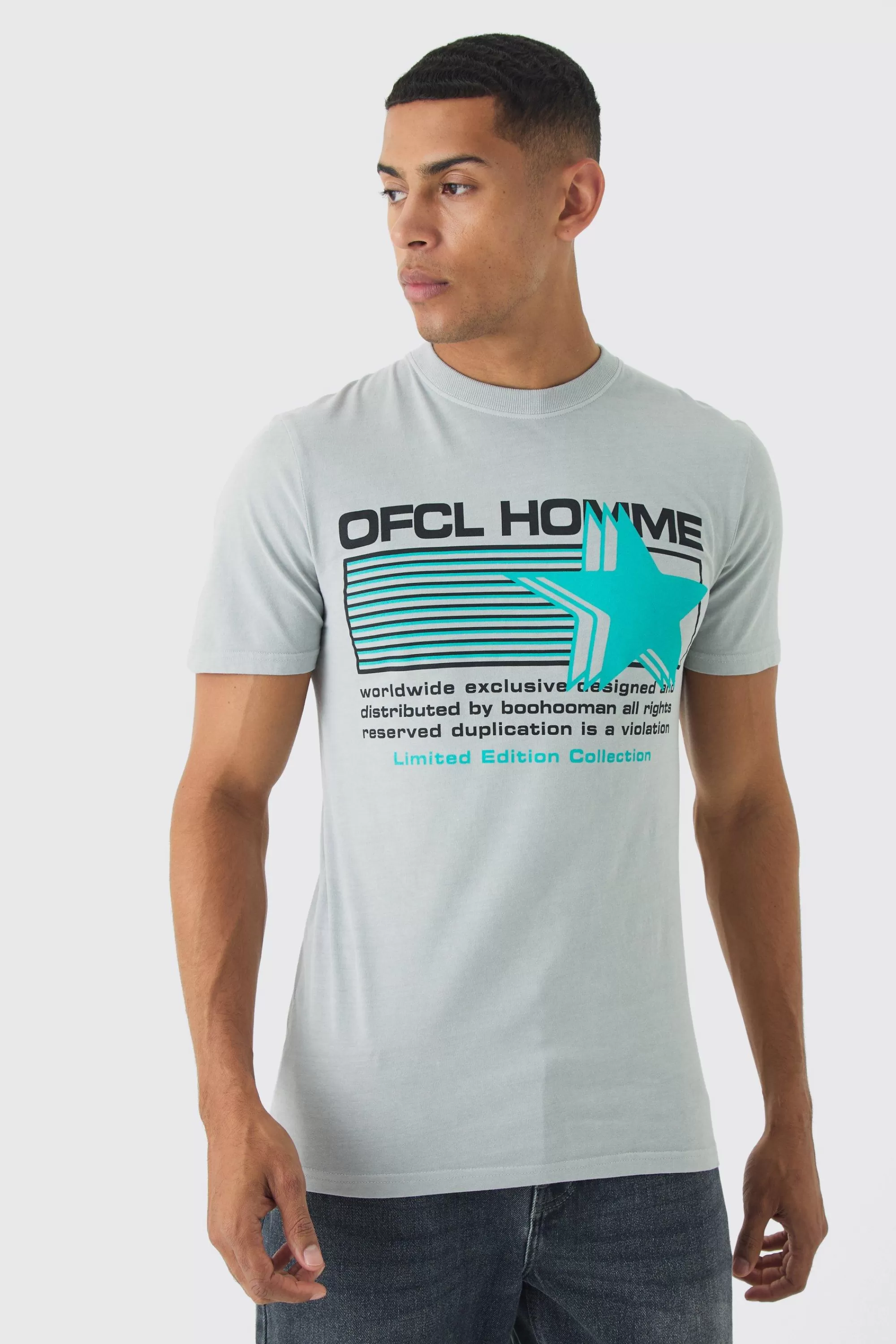 boohooMAN Muscle Fit Ofcl Star Print T-Shirt | UK grey Online