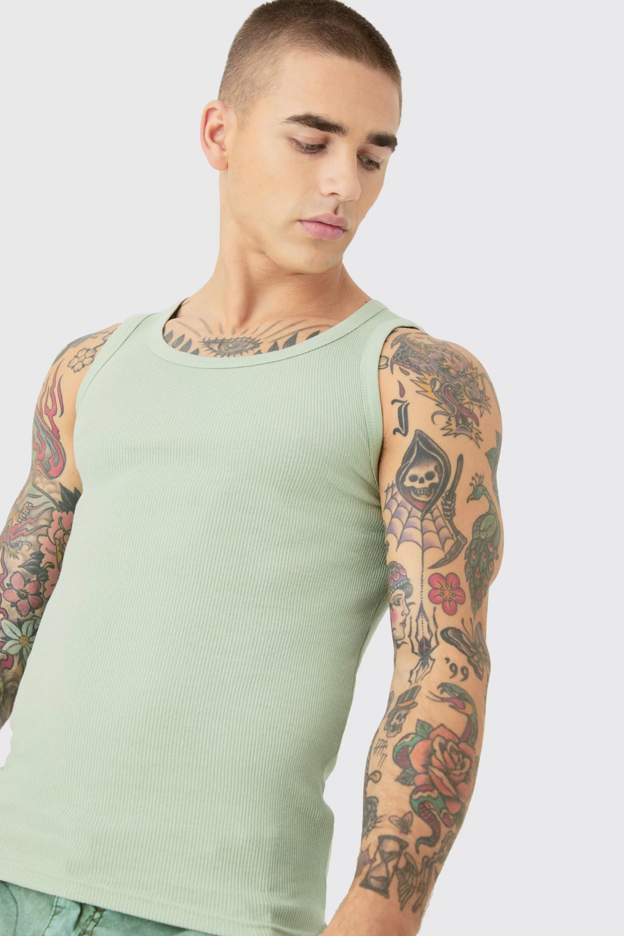 boohooMAN Muscle Fit Ribbed Vest | UK light khaki Fashion