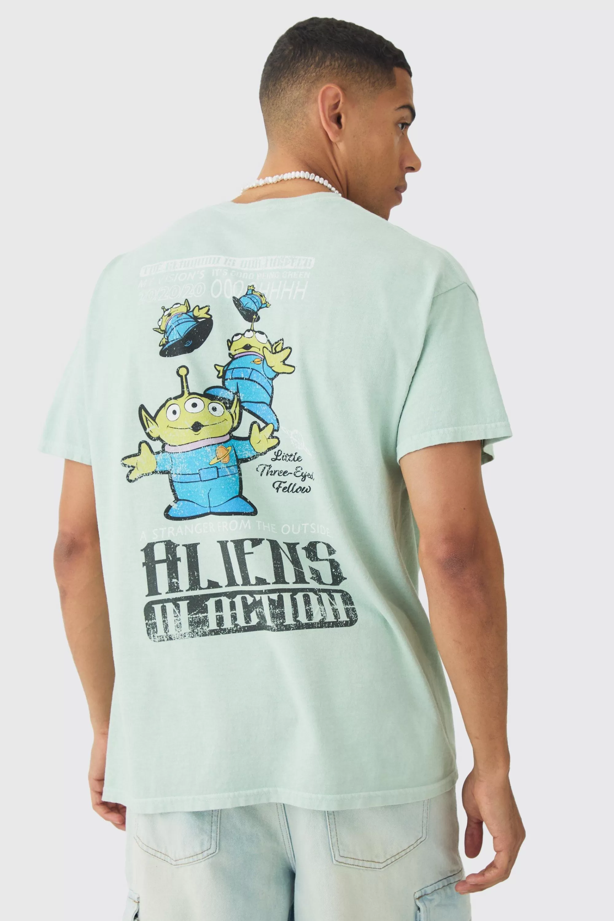 boohooMAN Oversized Aliens Toy Story Disney Wash License Back Print T-shirt | UK green Best Sale