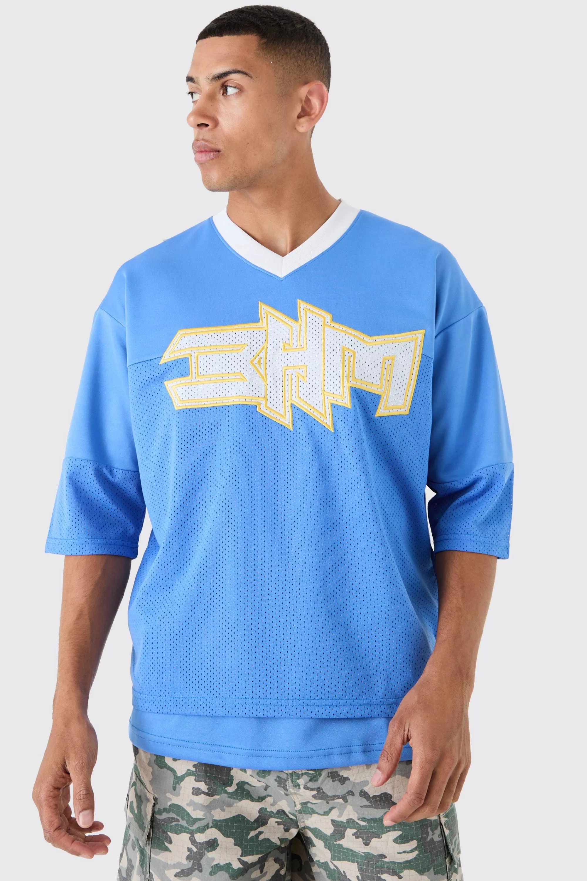 boohooMAN Oversized BHM Satin Mesh Varsity Top | UK blue Best Sale