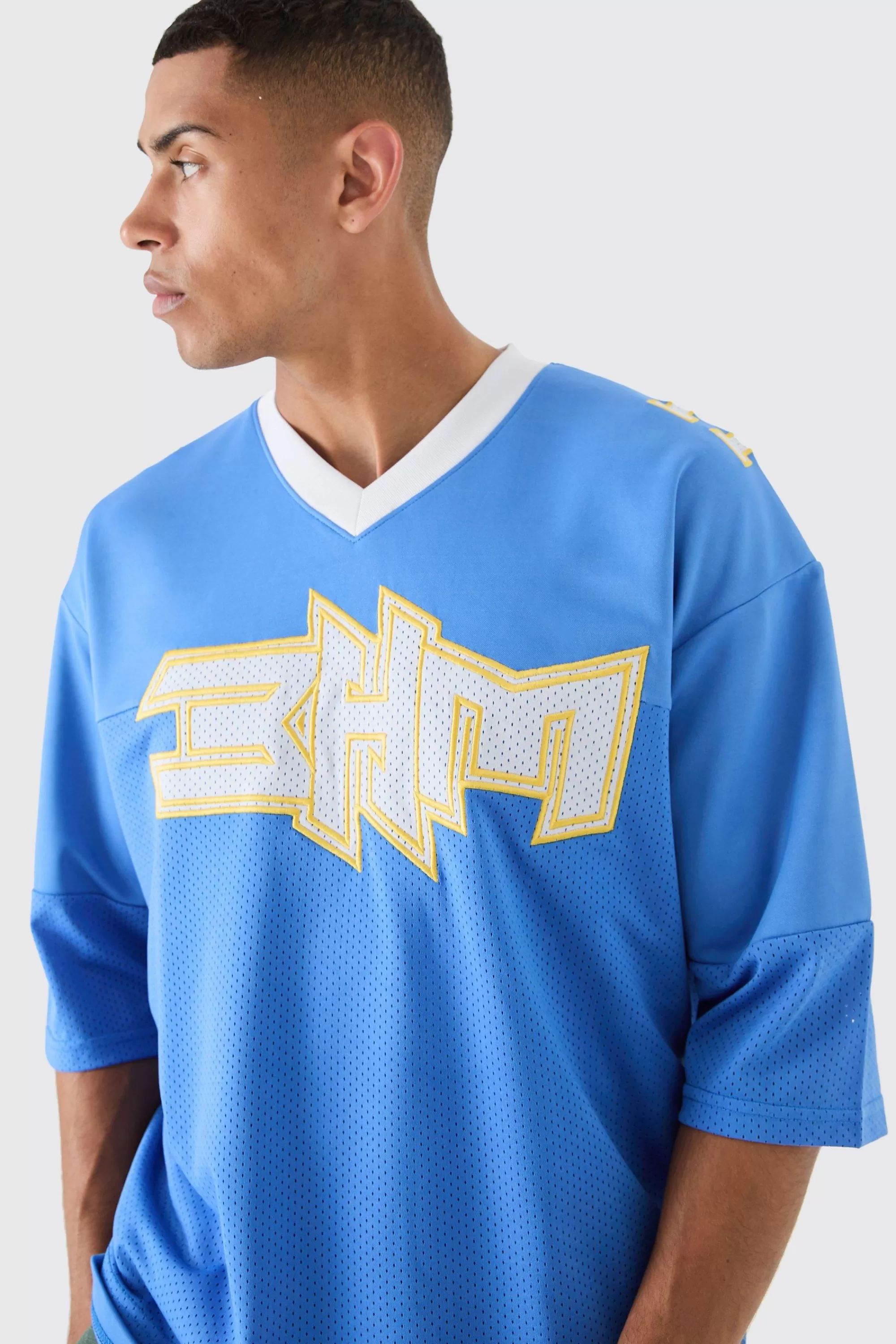 boohooMAN Oversized BHM Satin Mesh Varsity Top | UK blue Best Sale