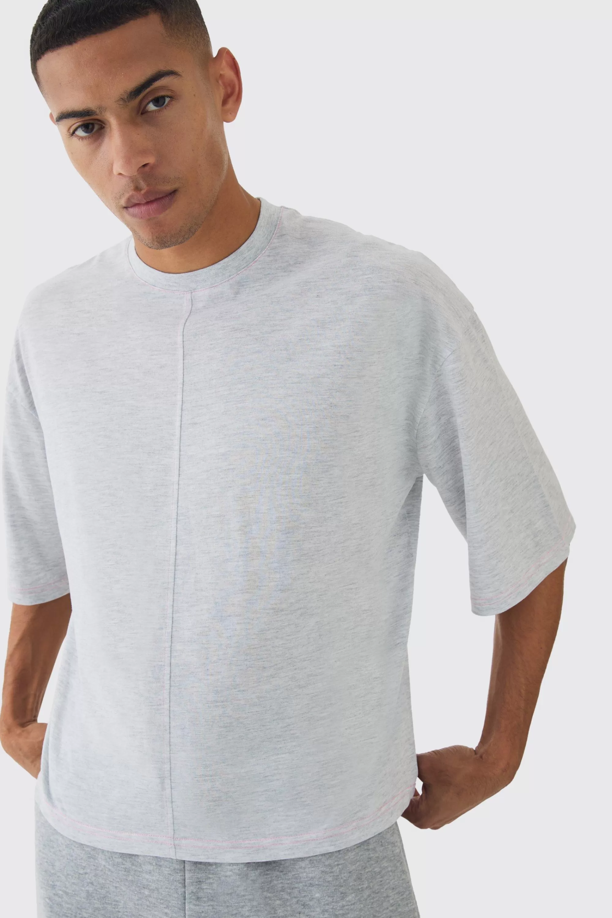 boohooMAN Oversized Boxy Contrast Stitch Half Sleeve T-shirt | UK ash grey Store