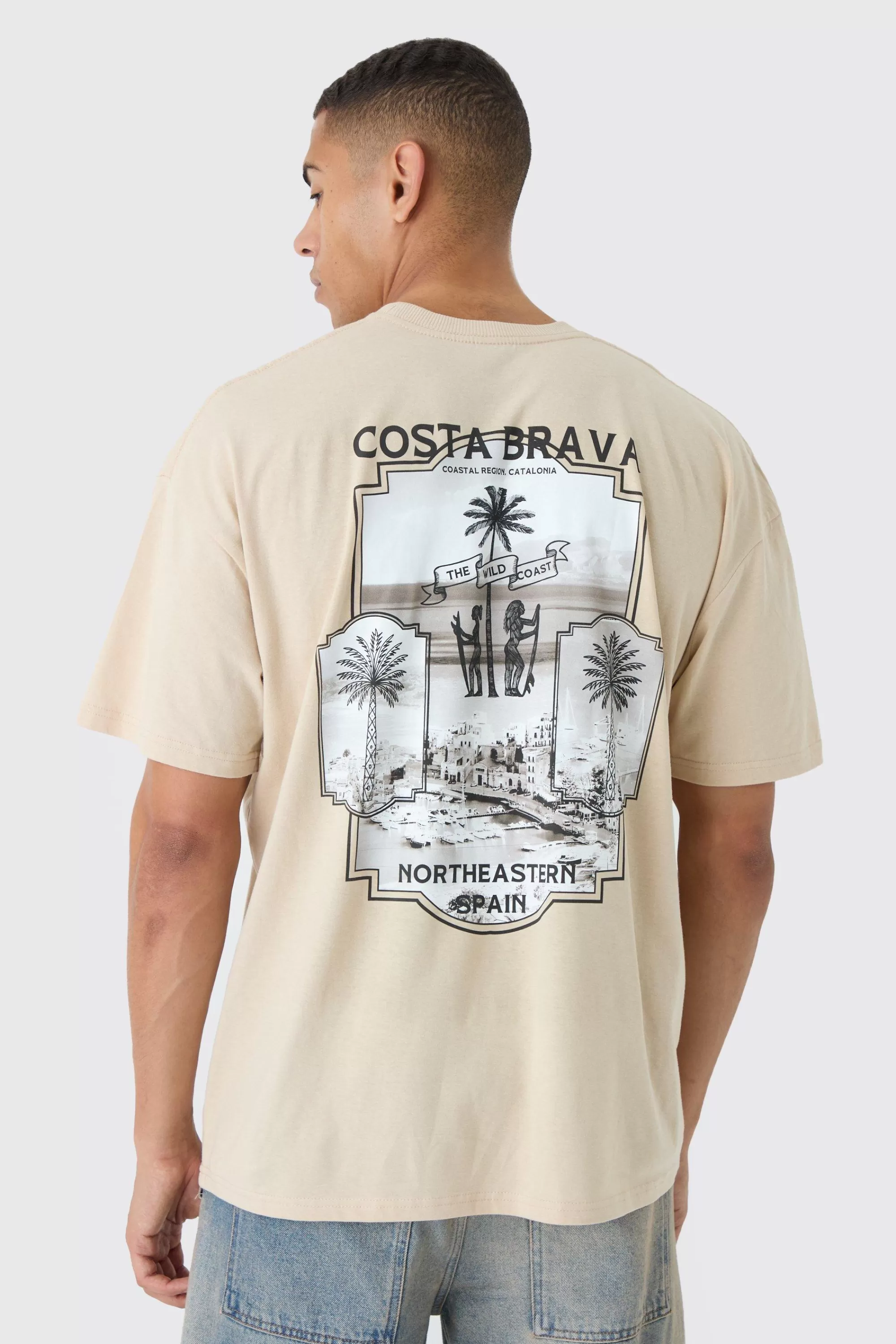 boohooMAN Oversized Boxy Costa Brava Print Wash T-shirt | UK sand Flash Sale