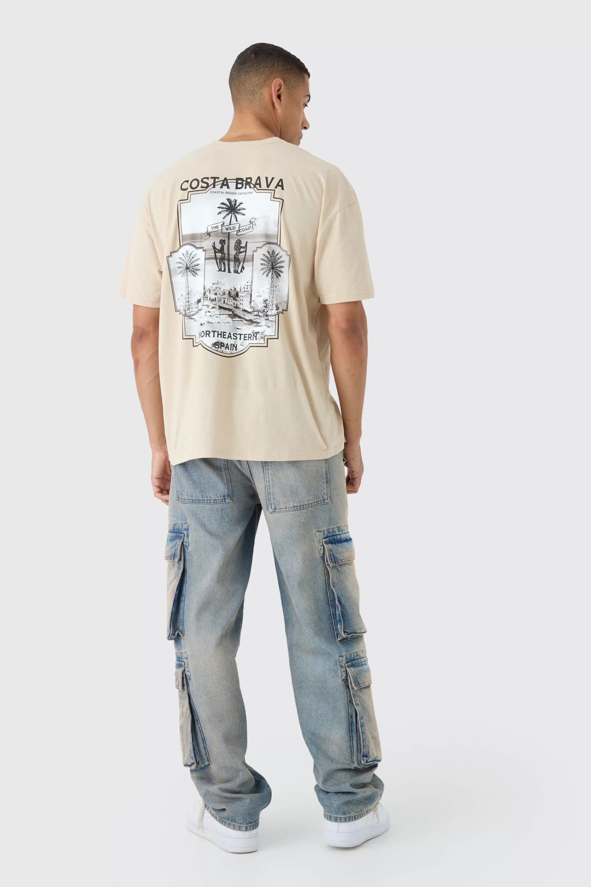 boohooMAN Oversized Boxy Costa Brava Print Wash T-shirt | UK sand Flash Sale