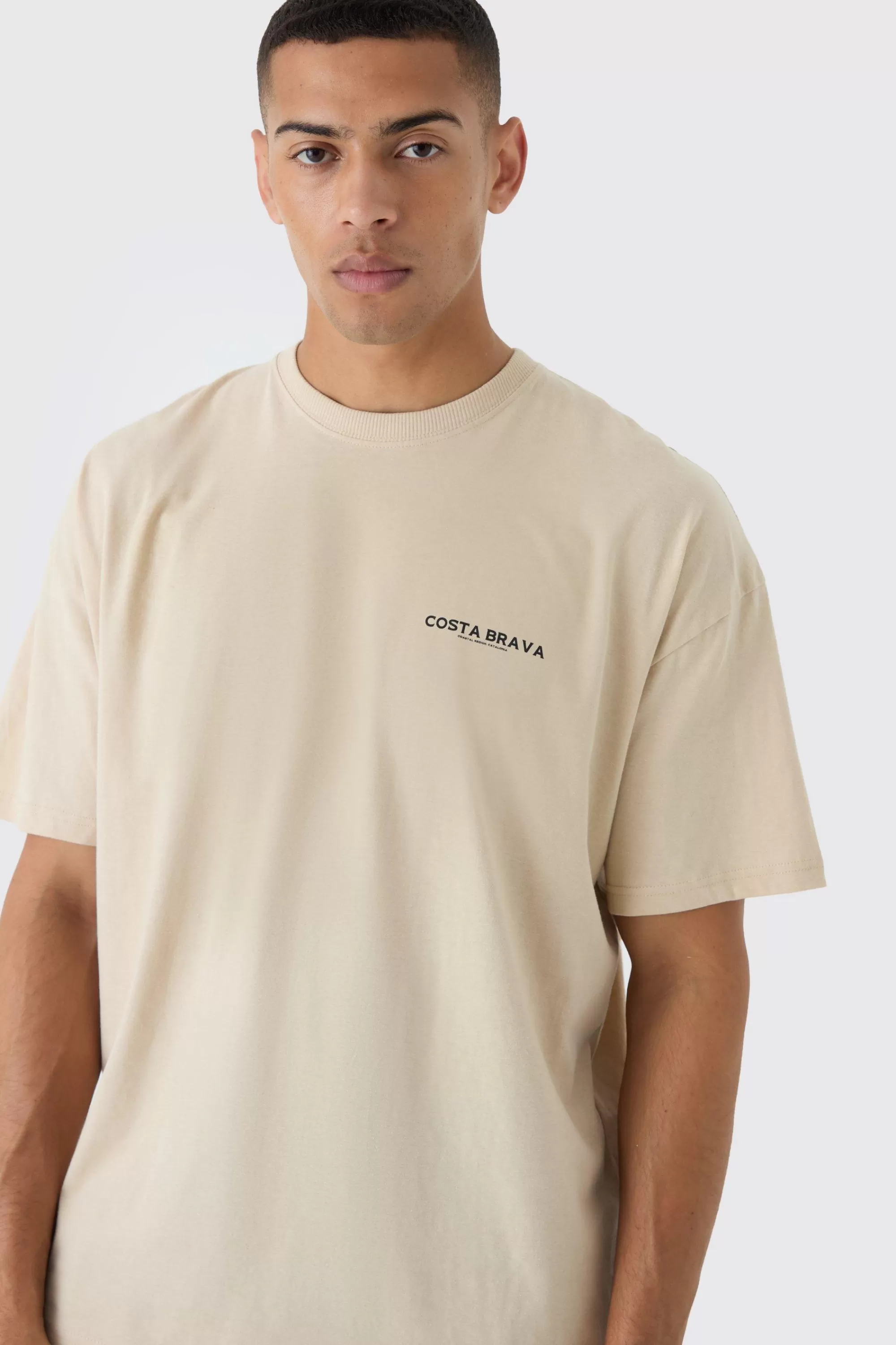 boohooMAN Oversized Boxy Costa Brava Print Wash T-shirt | UK sand Flash Sale