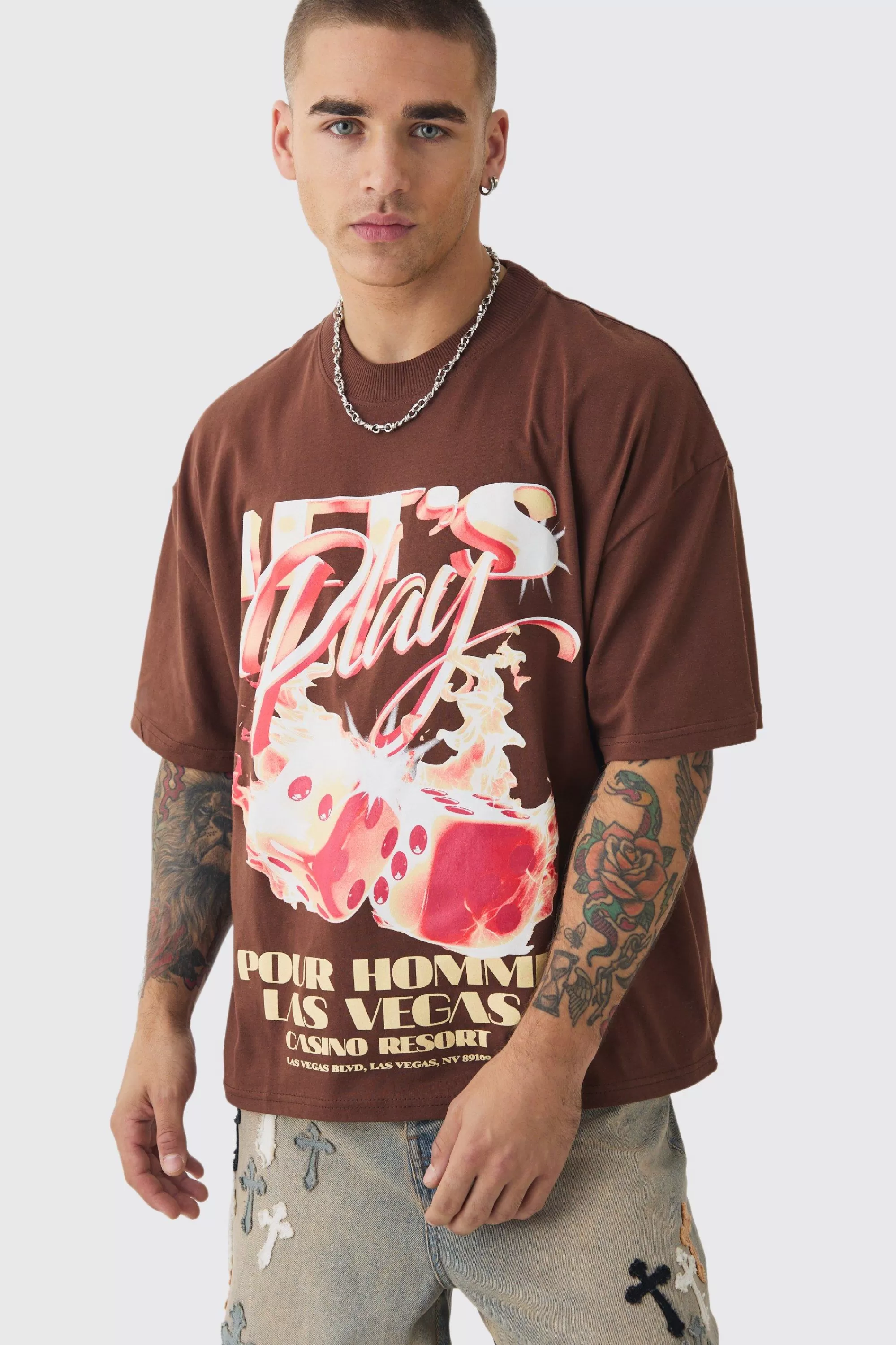boohooMAN Oversized Boxy Dice Flame Graphic T-shirt | UK chocolate Shop