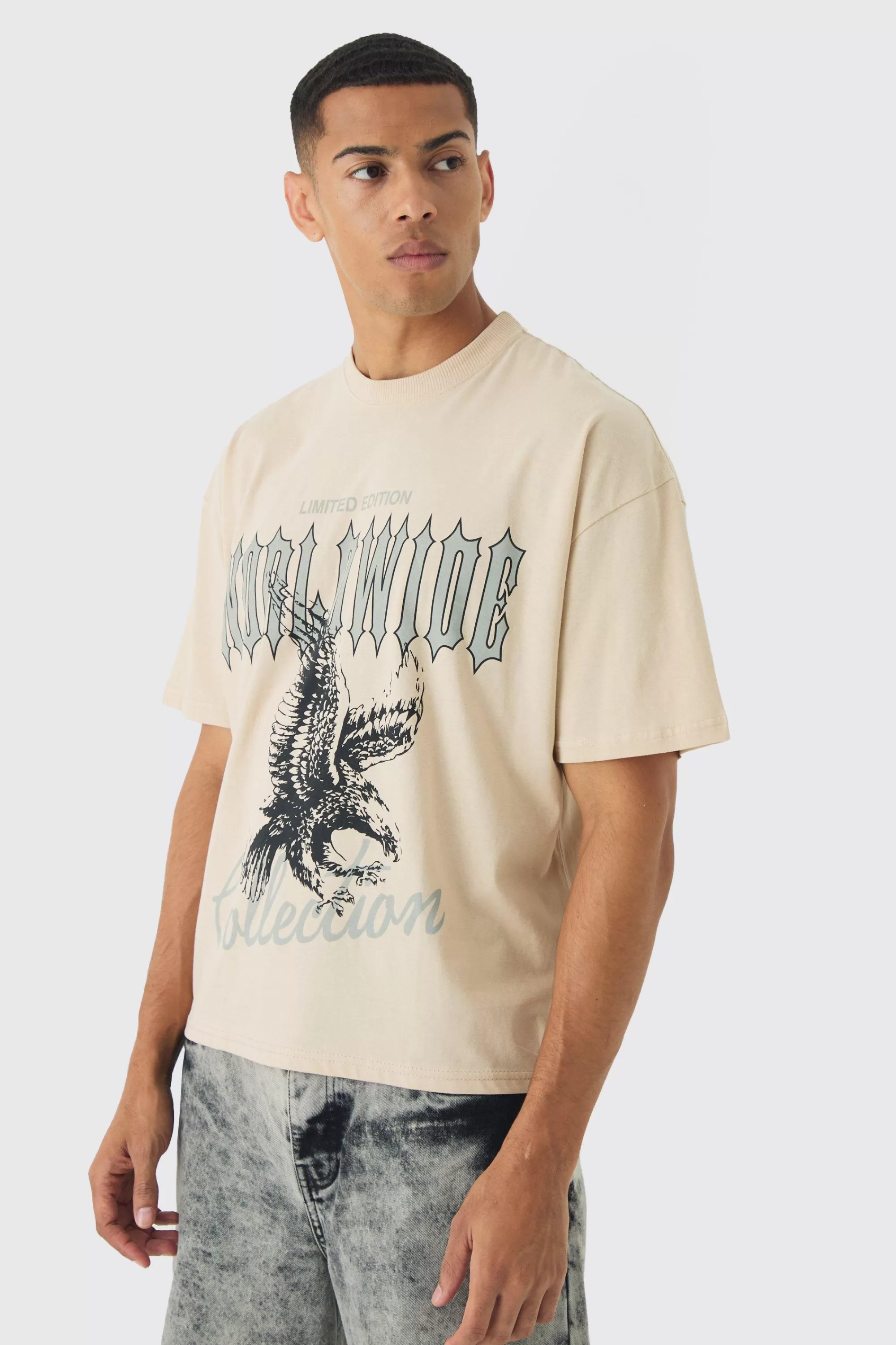 boohooMAN Oversized Boxy Distressed Eagle Print T-Shirt | UK sand Fashion