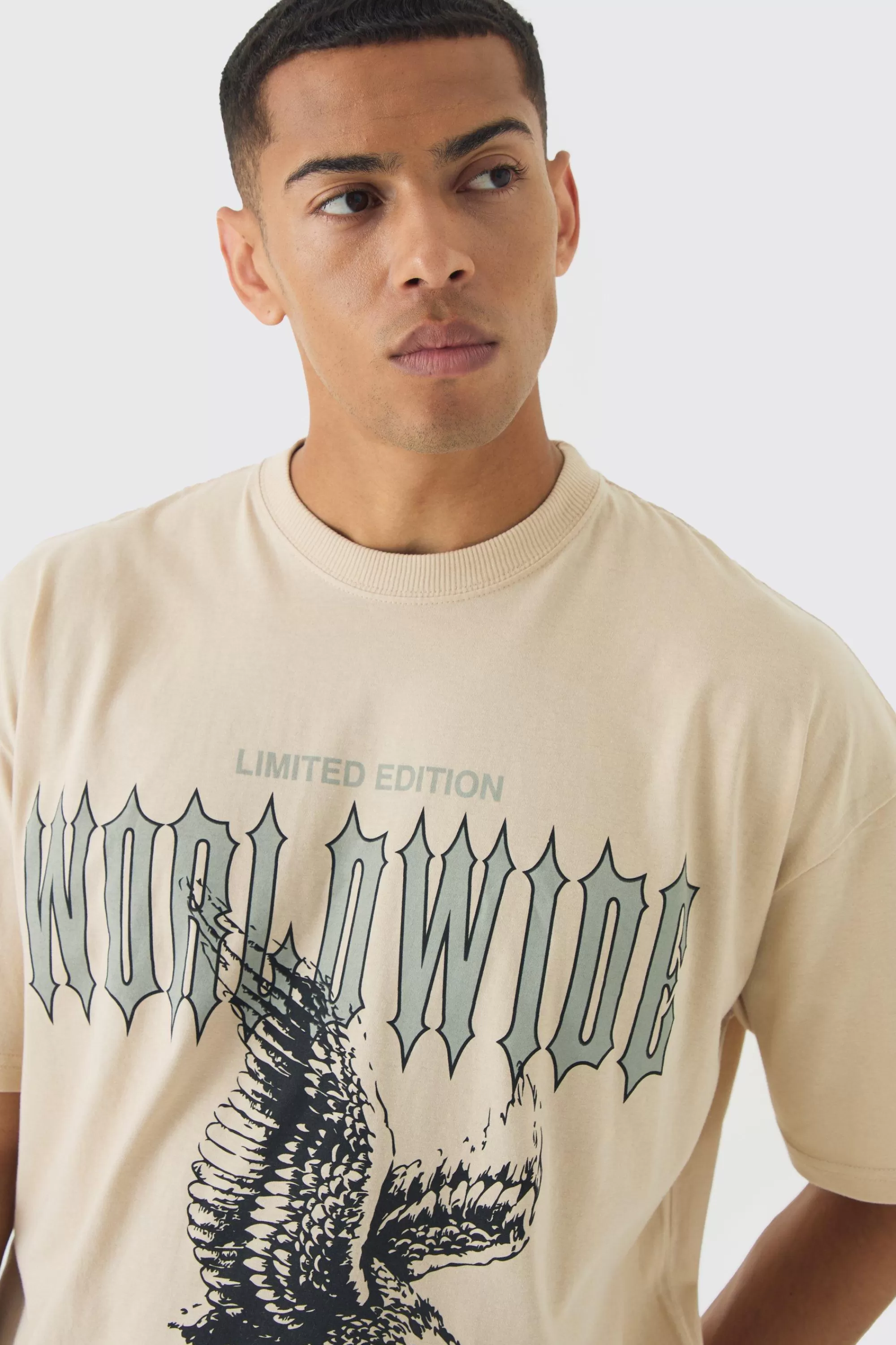 boohooMAN Oversized Boxy Distressed Eagle Print T-Shirt | UK sand Fashion