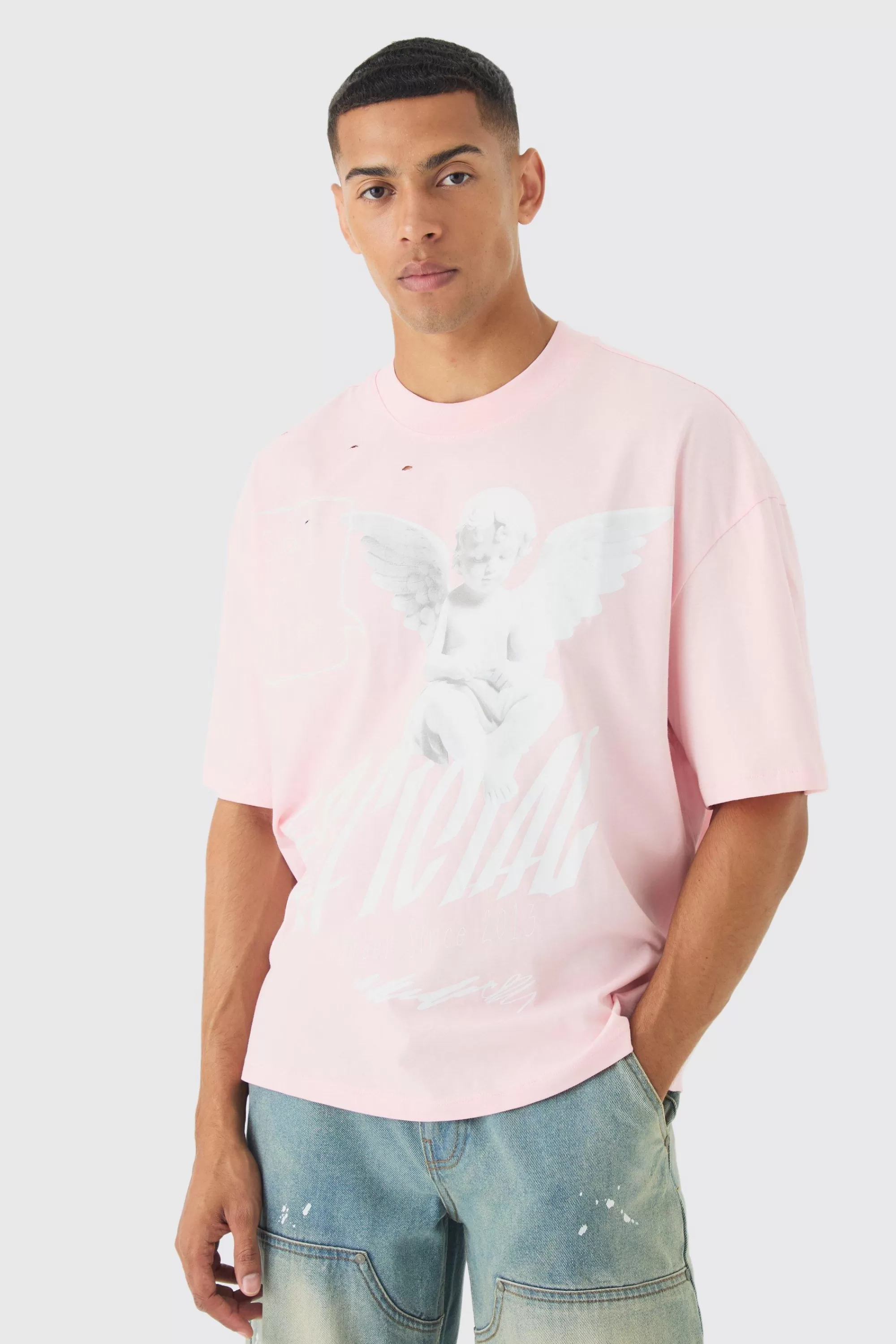 boohooMAN Oversized Boxy Distressed Heavyweight Renaissance Graphic T-shirt | UK pink Sale