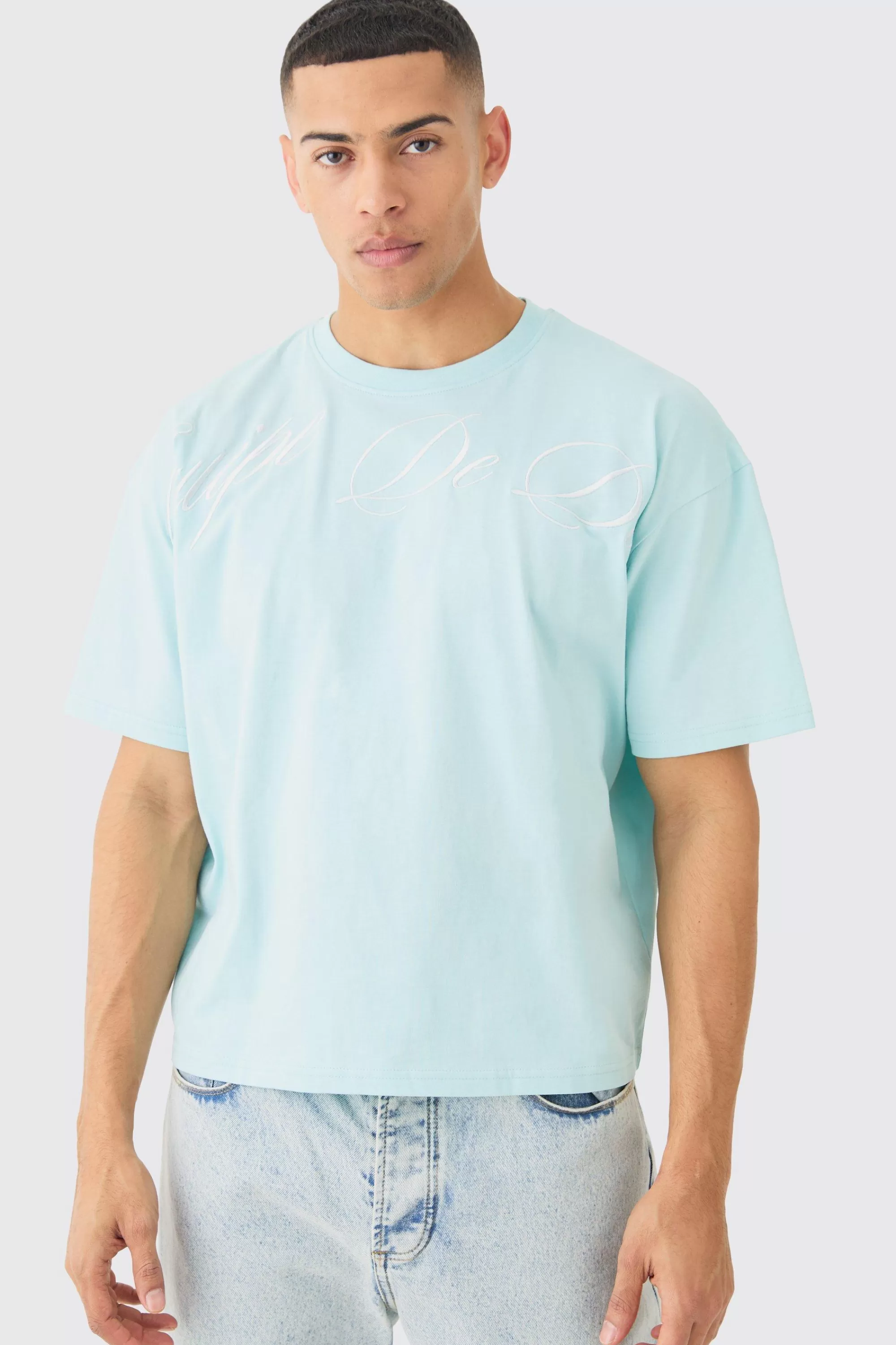 boohooMAN Oversized Boxy Embroidered T-shirt | UK blue Fashion
