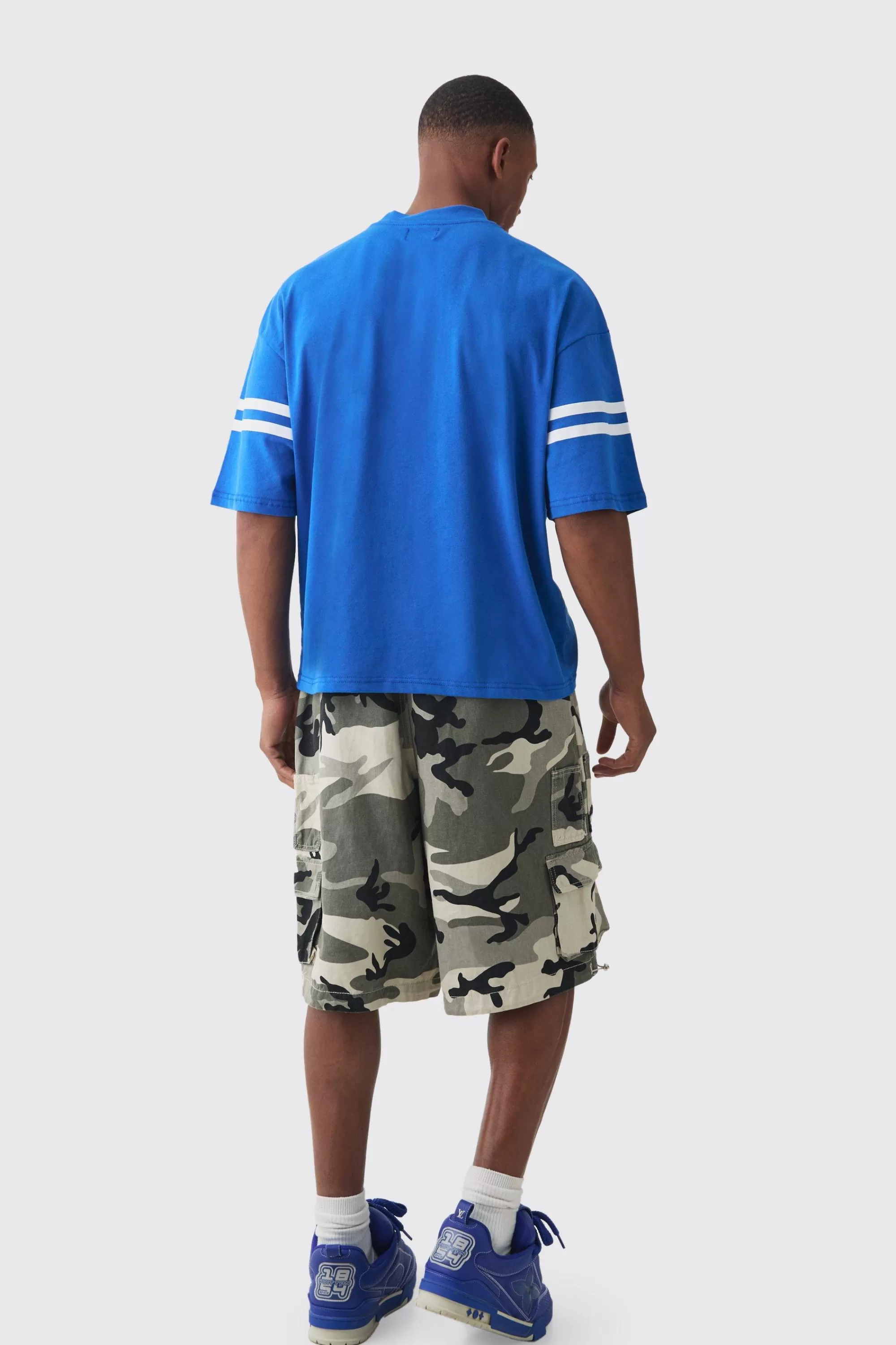boohooMAN Oversized Boxy Extended Neck 111 Rhinestone T-shirt | UK cobalt Sale