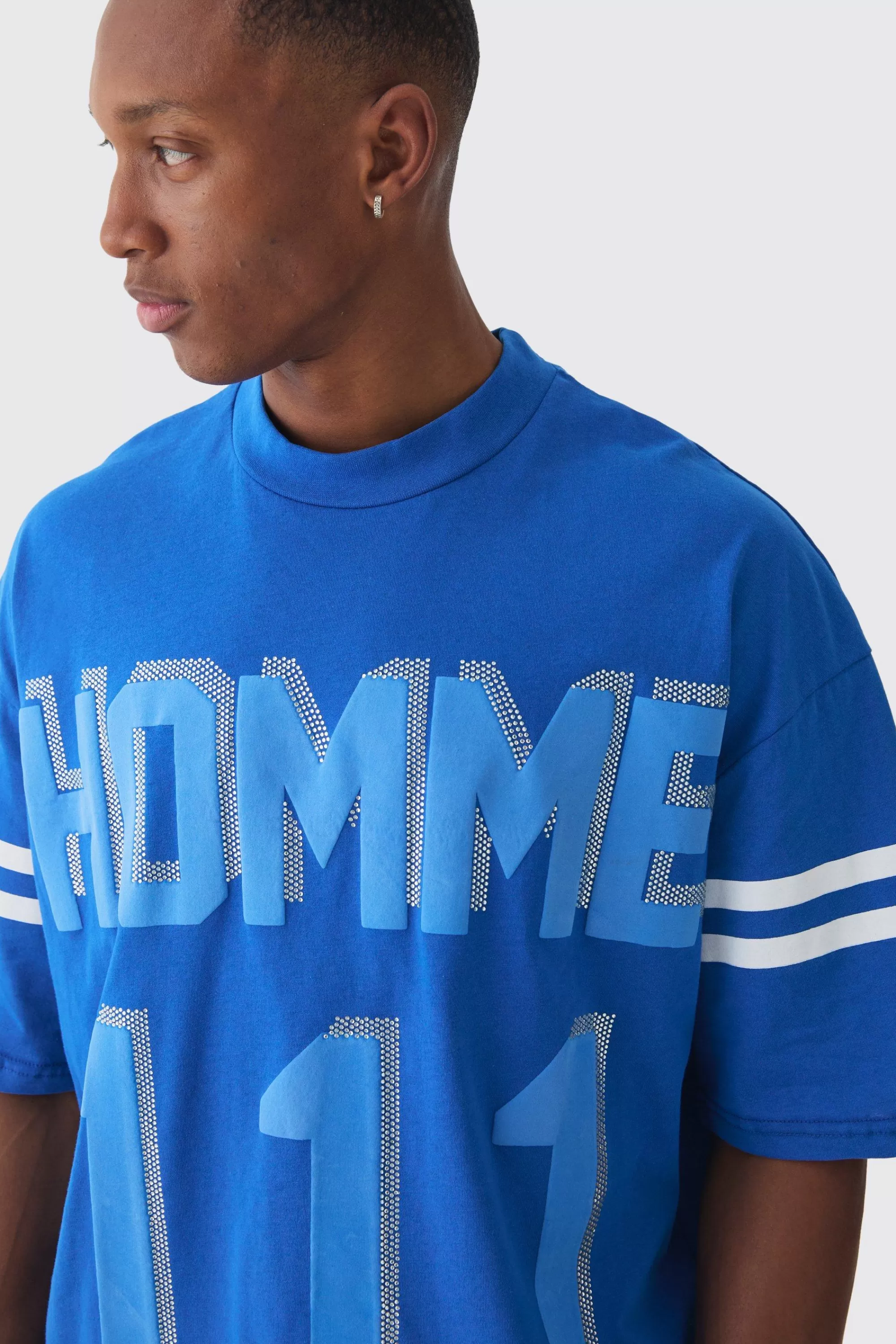 boohooMAN Oversized Boxy Extended Neck 111 Rhinestone T-shirt | UK cobalt Sale