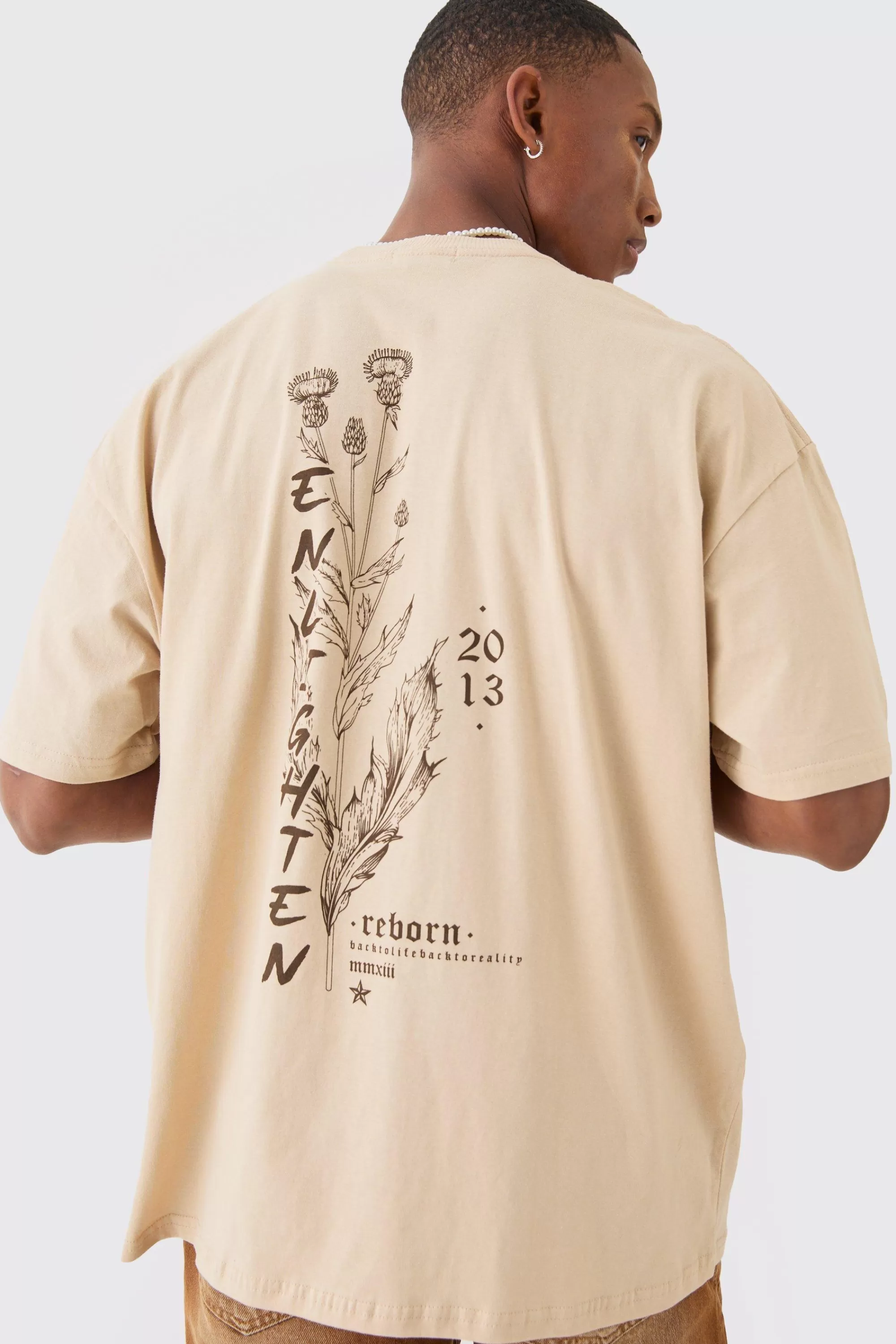 boohooMAN Oversized Boxy Extended Neck Enlighten Printed T-shirt | UK sand Shop