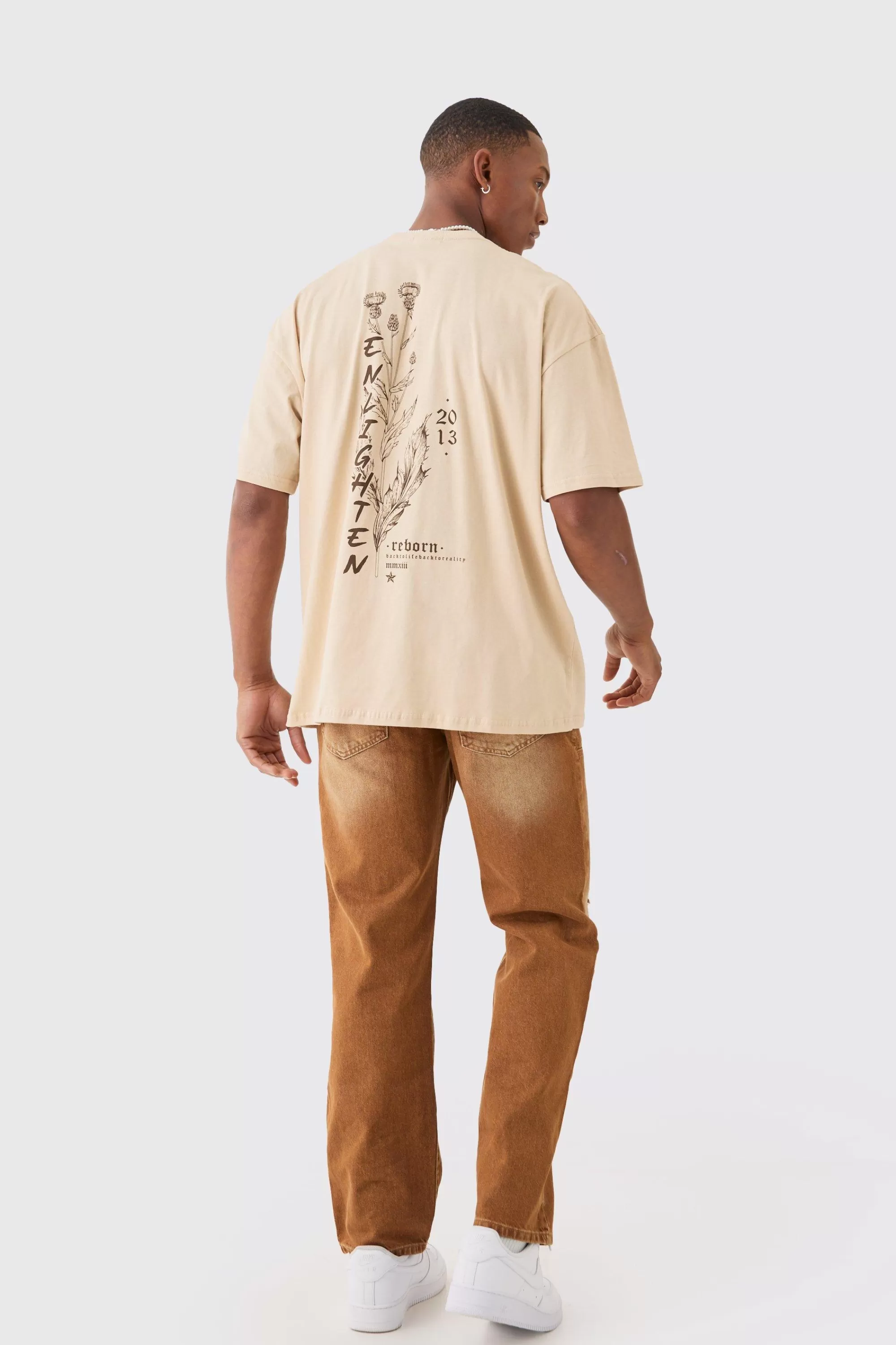 boohooMAN Oversized Boxy Extended Neck Enlighten Printed T-shirt | UK sand Shop