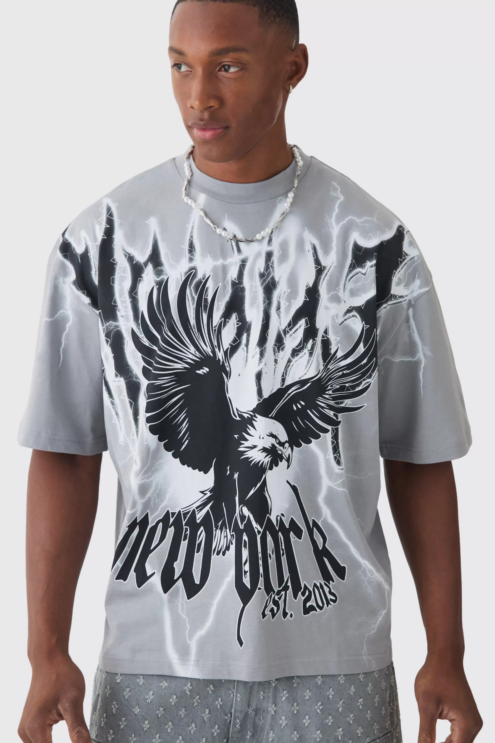boohooMAN Oversized Boxy Extended Neck Extreme Eagle T-shirt | UK light grey Fashion