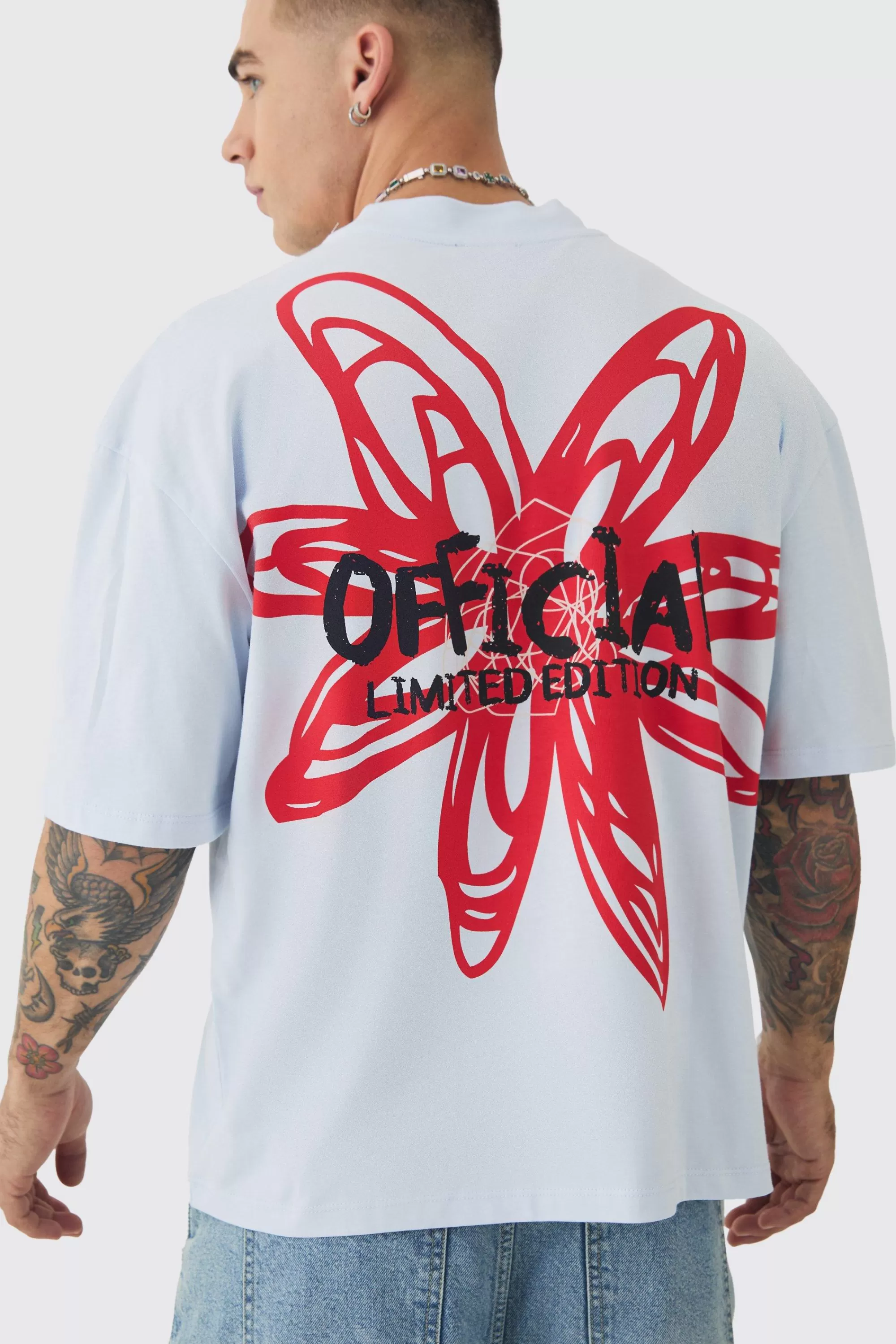 boohooMAN Oversized Boxy Extended Neck Floral T-shirt | UK ice blue Cheap