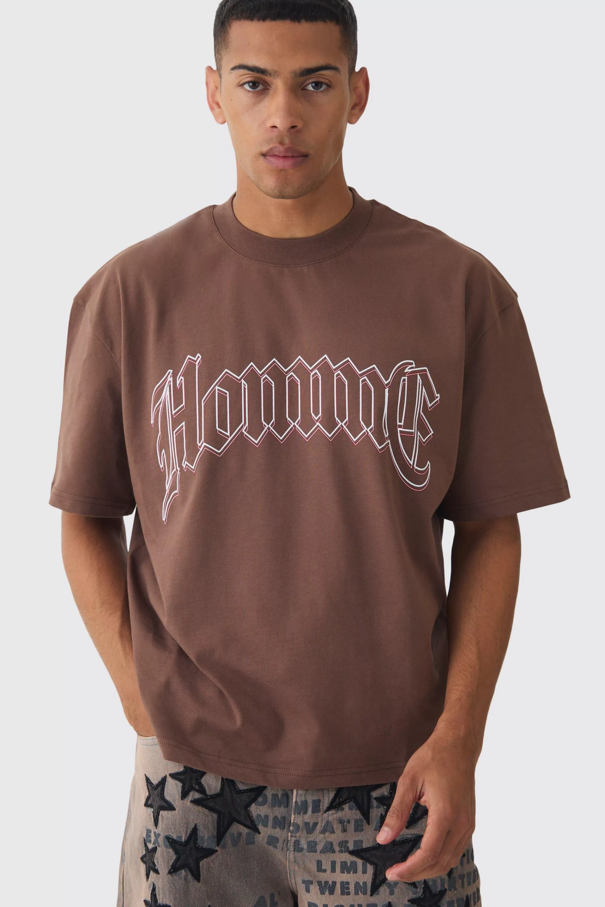 boohooMAN Oversized Boxy Extended Neck Homme Dog Graphic T-shirt | UK chocolate Discount