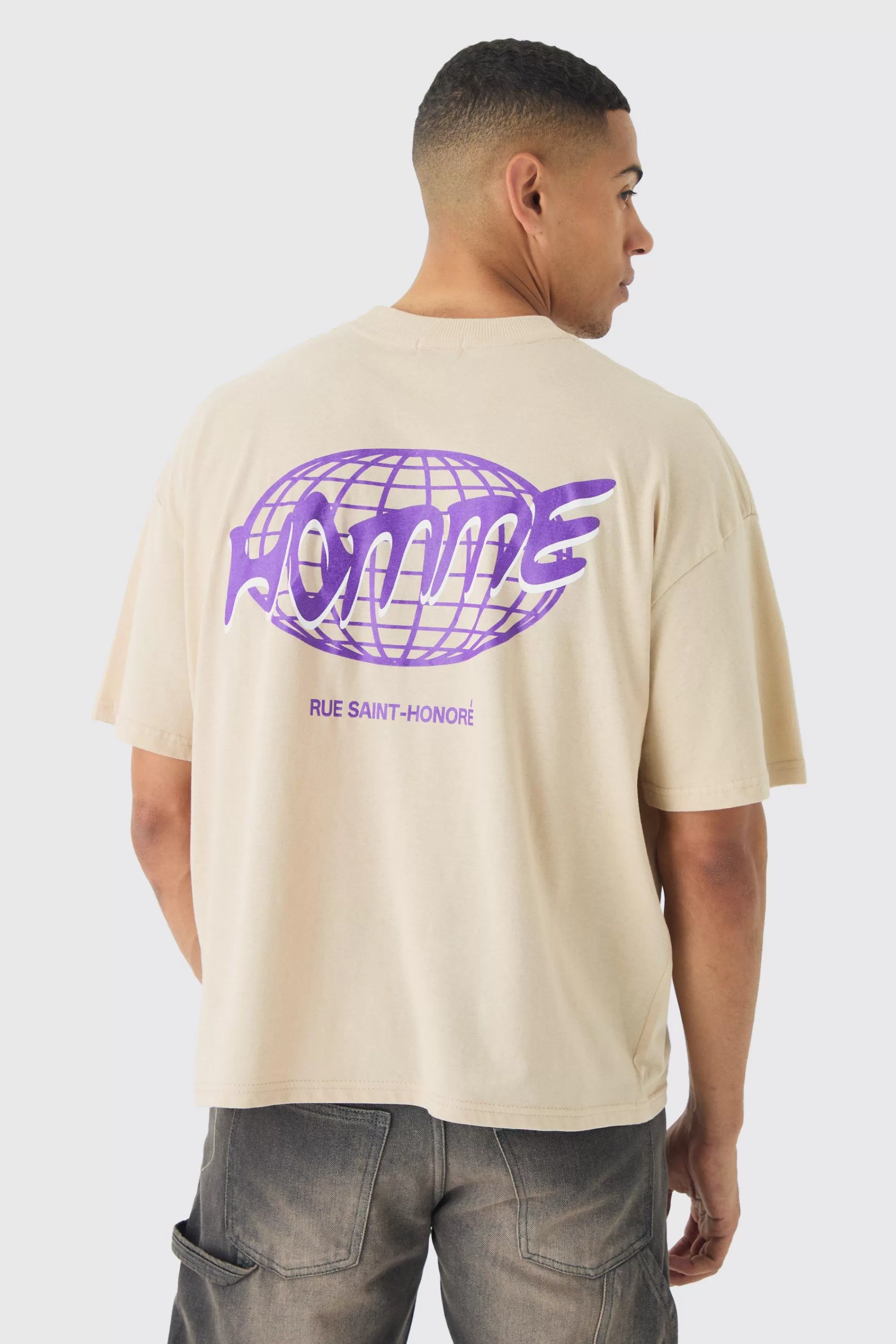boohooMAN Oversized Boxy Extended Neck Homme Print T-Shirt | UK sand Discount