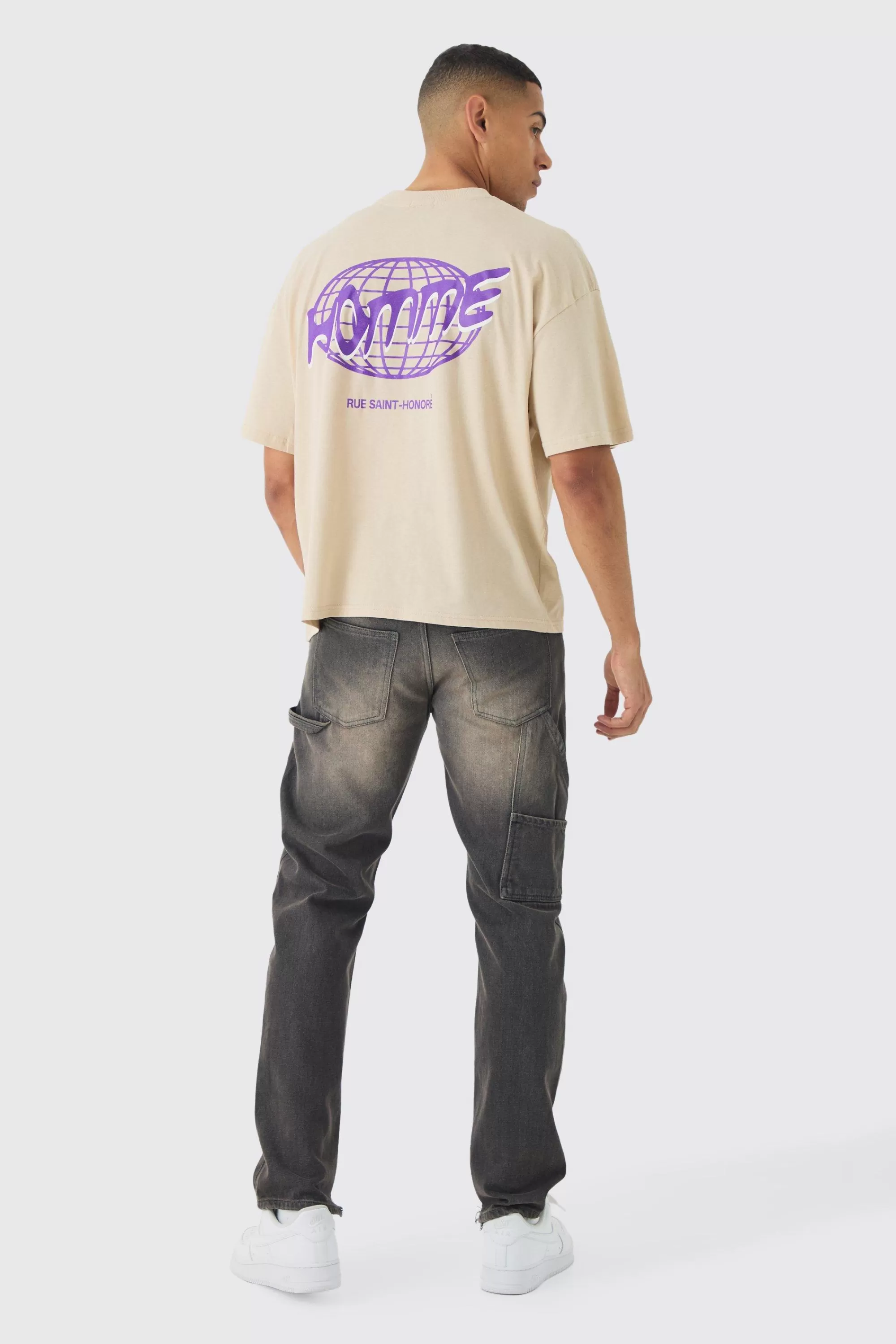 boohooMAN Oversized Boxy Extended Neck Homme Print T-Shirt | UK sand Discount
