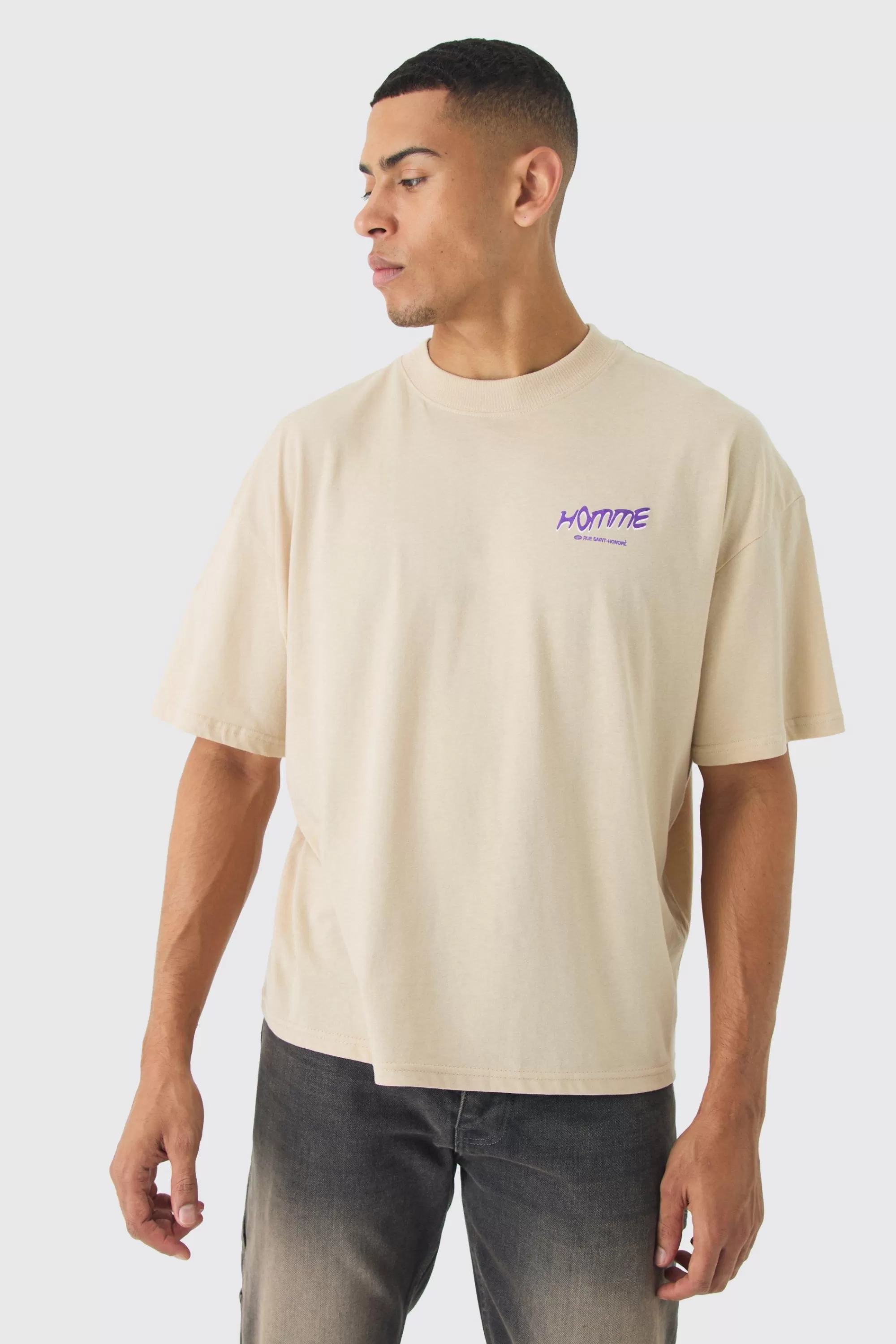 boohooMAN Oversized Boxy Extended Neck Homme Print T-Shirt | UK sand Discount