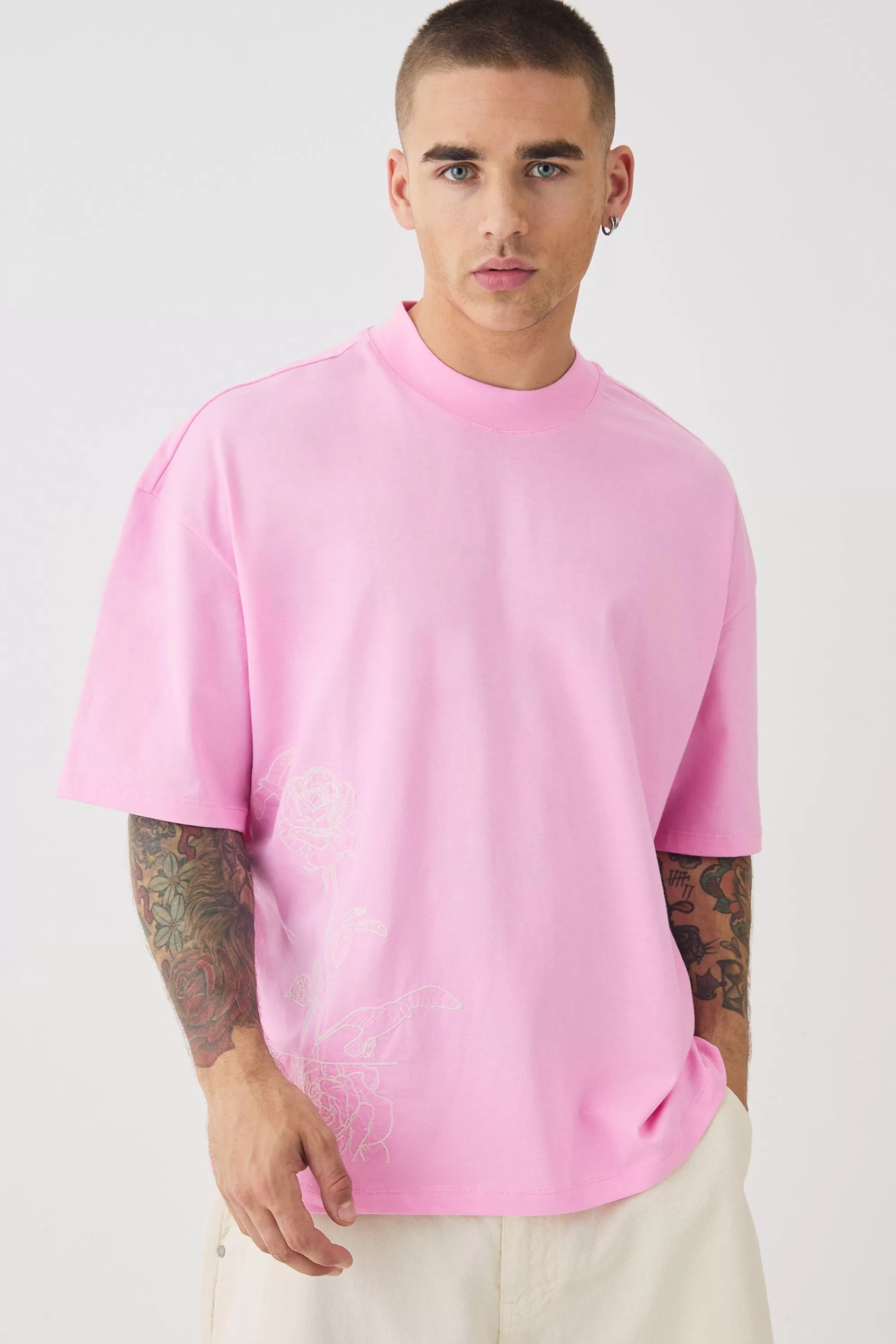 boohooMAN Oversized Boxy Extended Neck Line Drawing T-shirt | UK pink Cheap