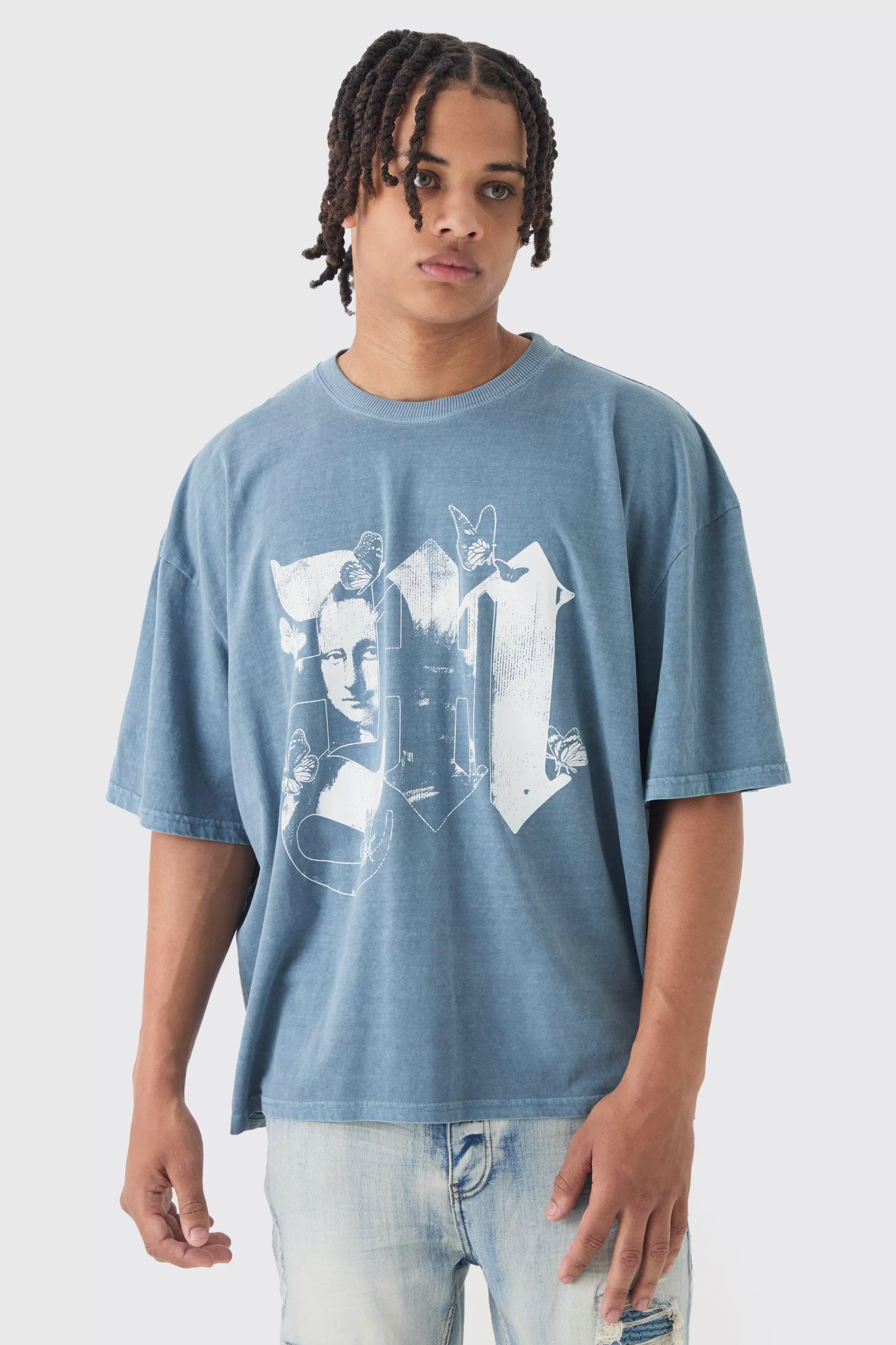 boohooMAN Oversized Boxy Extended Neck Mona Lisa M T-shirt | UK navy Shop