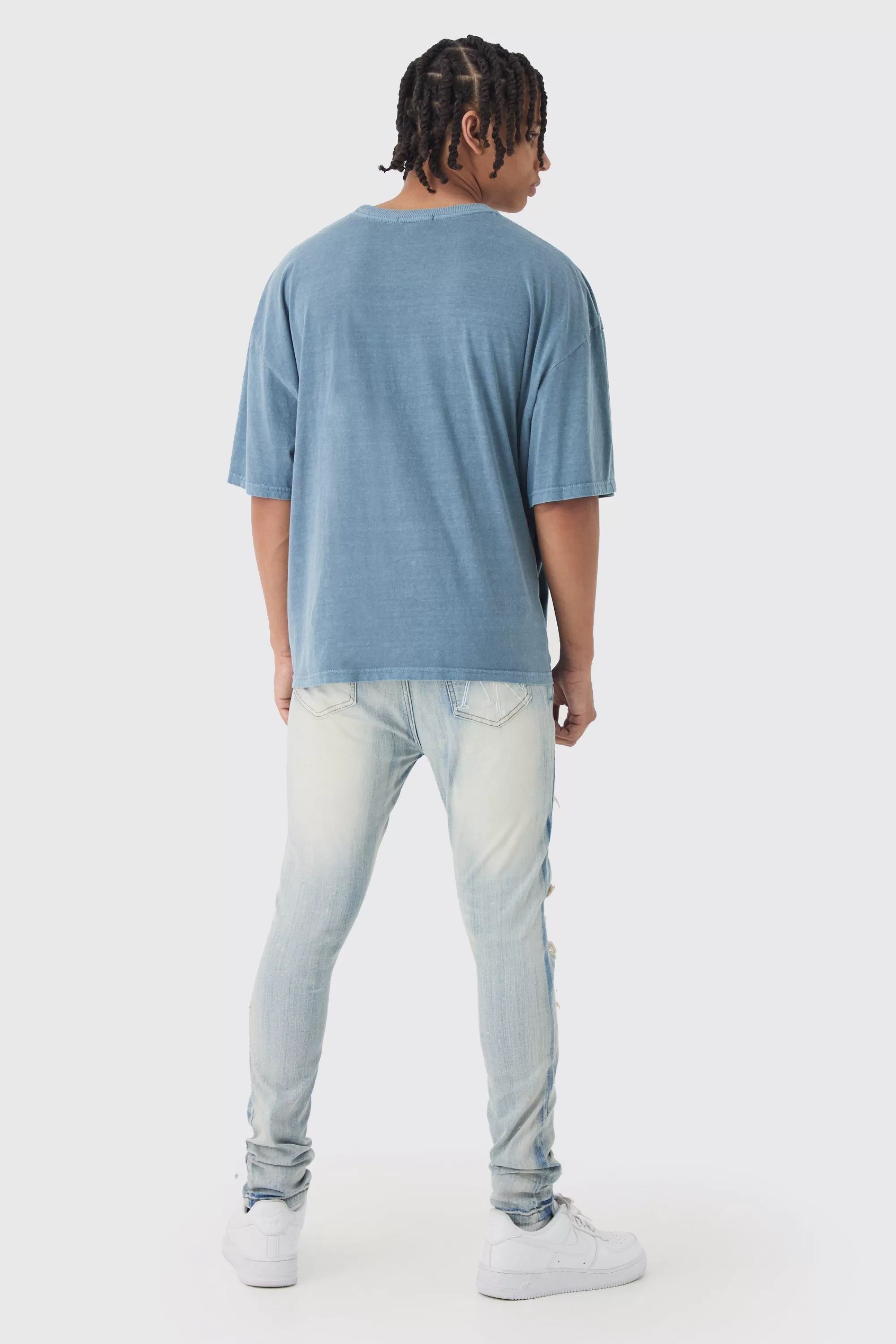 boohooMAN Oversized Boxy Extended Neck Mona Lisa M T-shirt | UK navy Shop