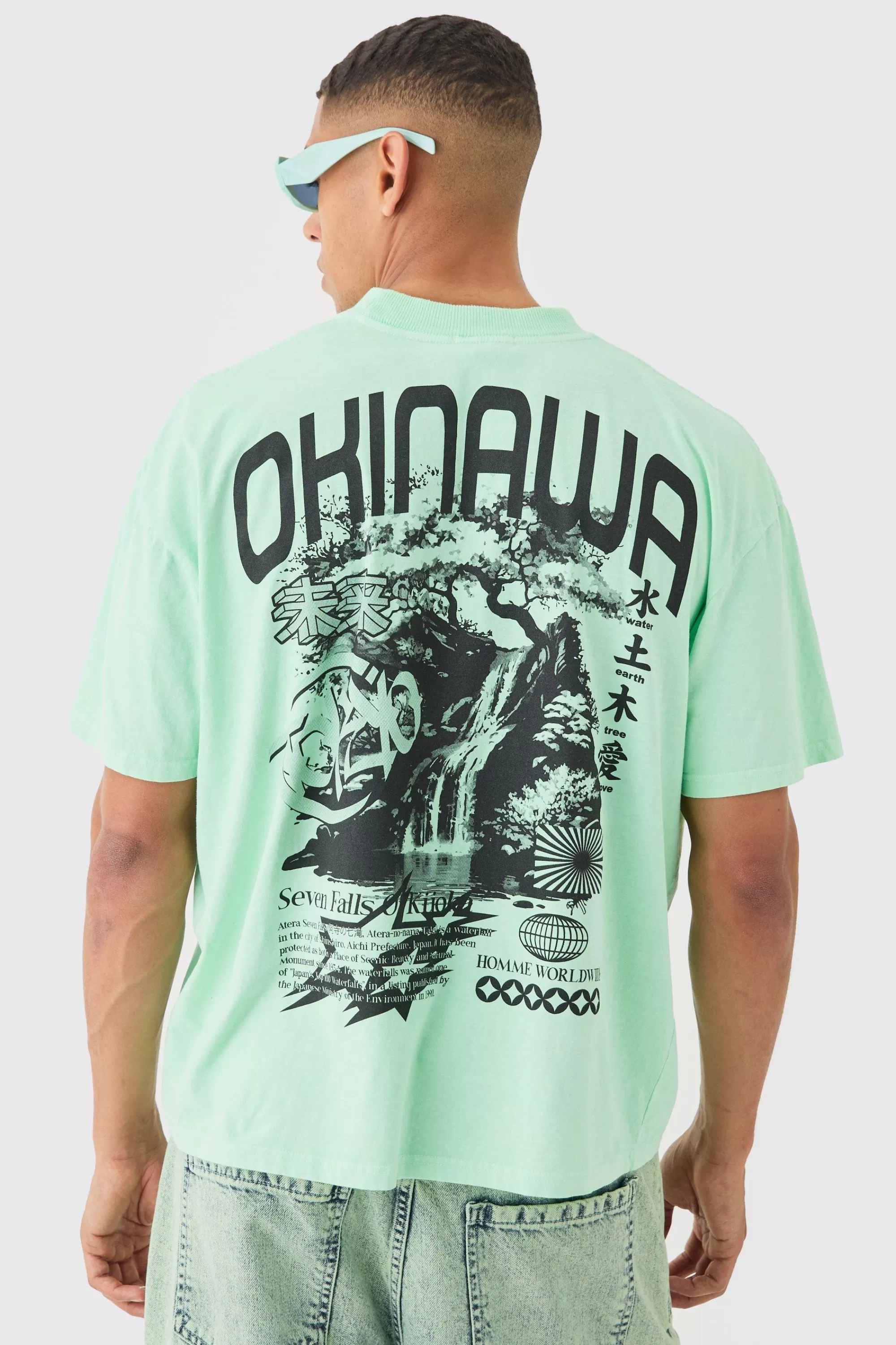 boohooMAN Oversized Boxy Extended Neck Okinawa Print Wash T-shirt | UK lime New