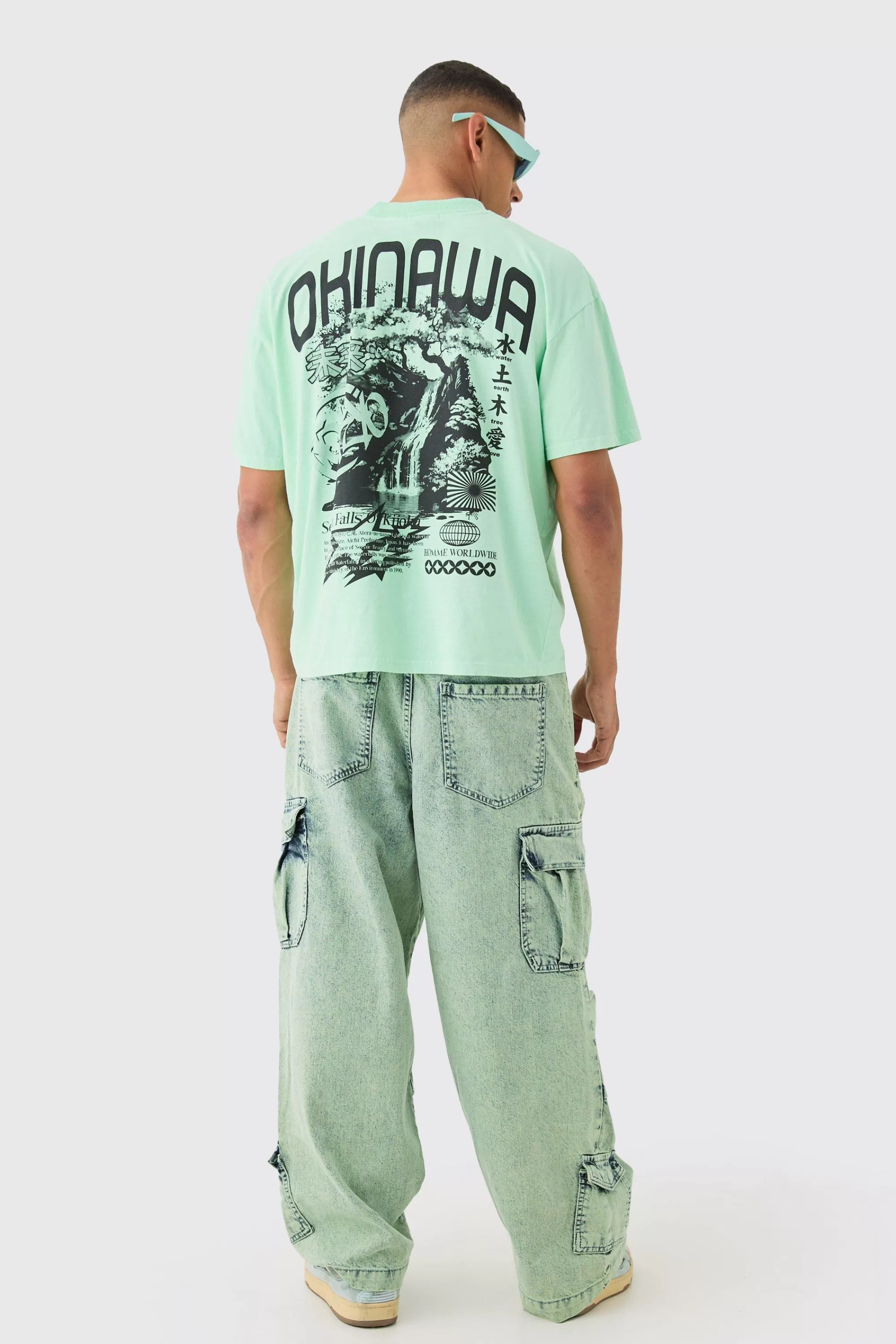 boohooMAN Oversized Boxy Extended Neck Okinawa Print Wash T-shirt | UK lime New