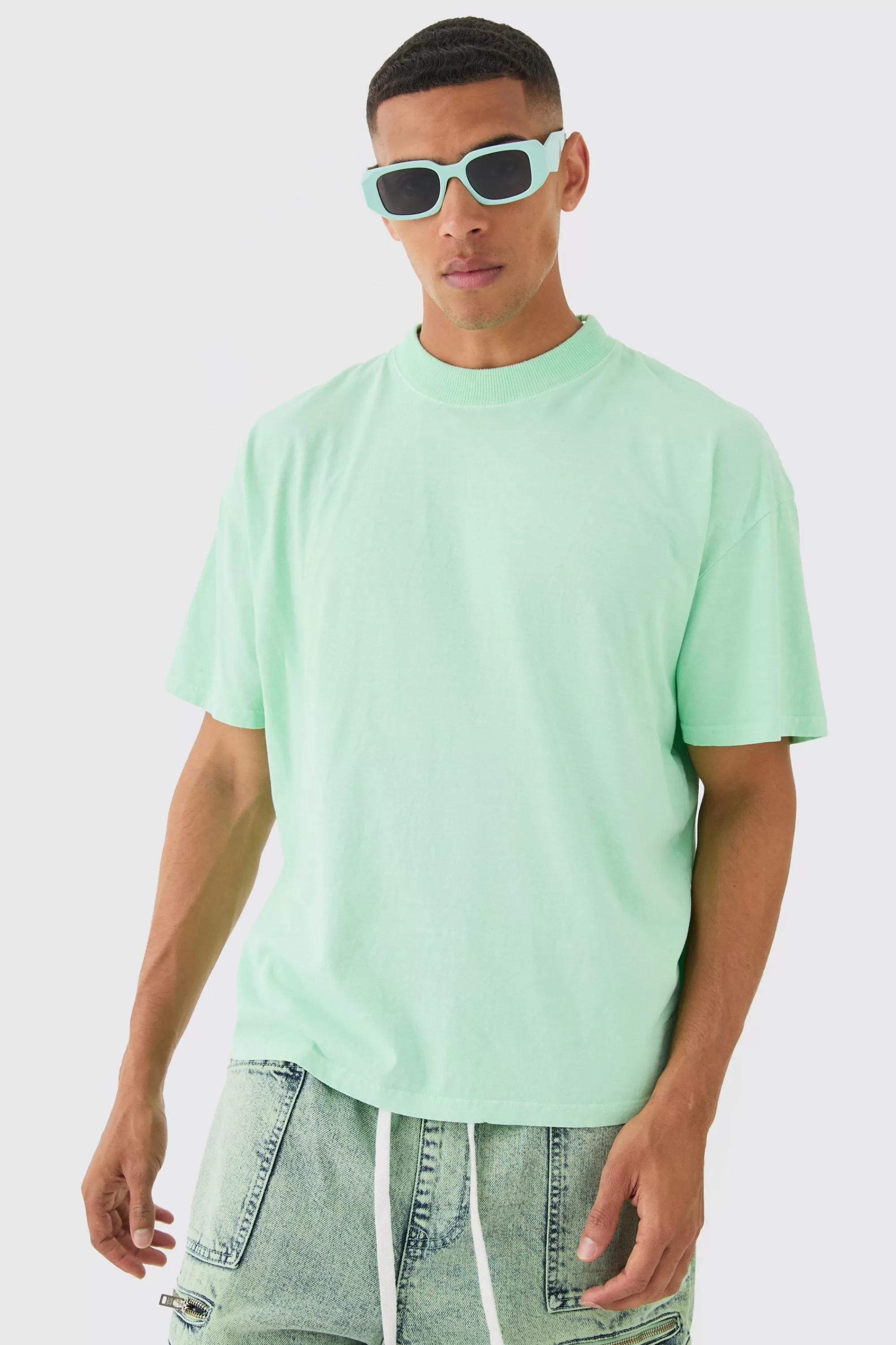 boohooMAN Oversized Boxy Extended Neck Okinawa Print Wash T-shirt | UK lime New