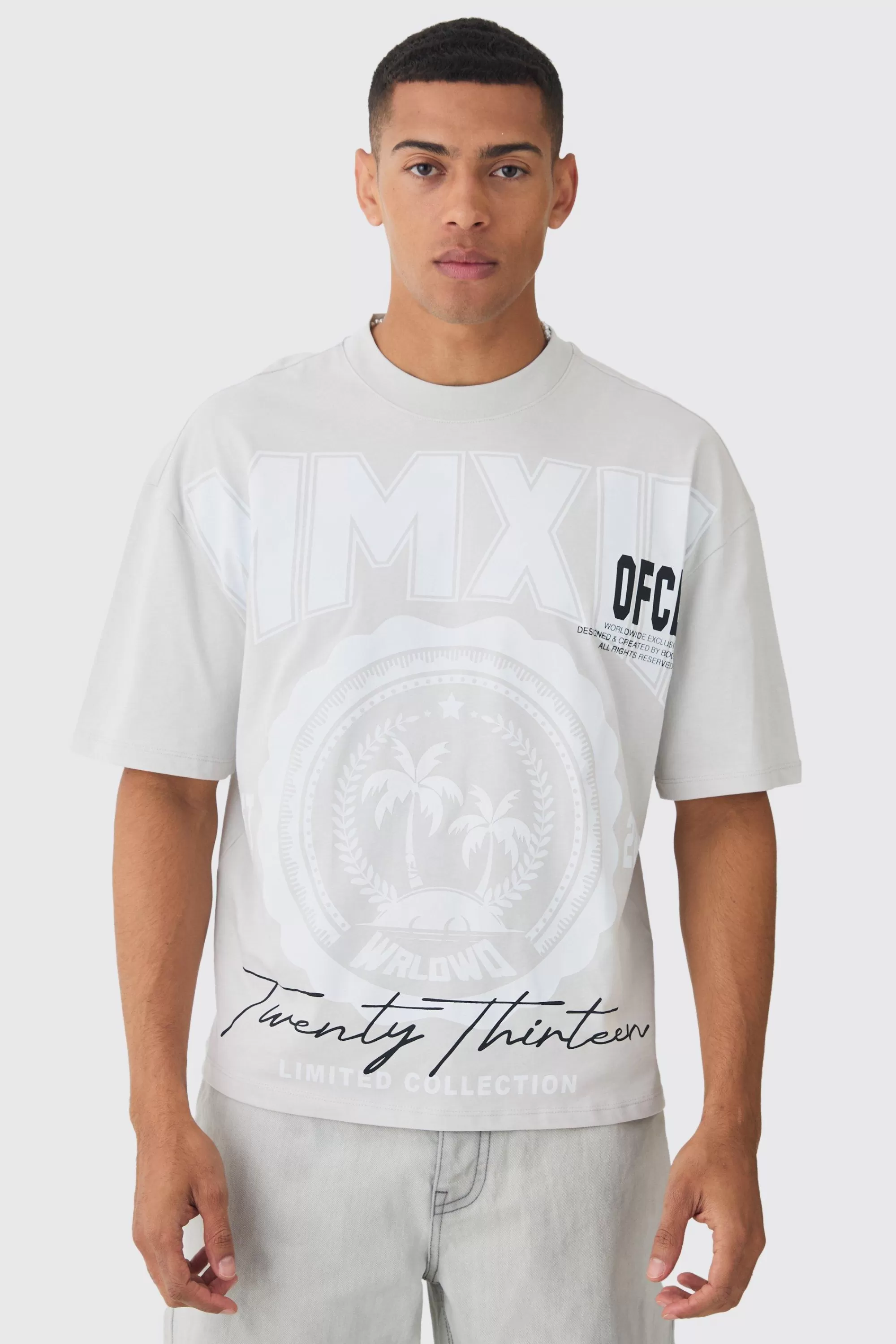 boohooMAN Oversized Boxy Extended Neck Palm Tree T-shirt | UK light grey Flash Sale