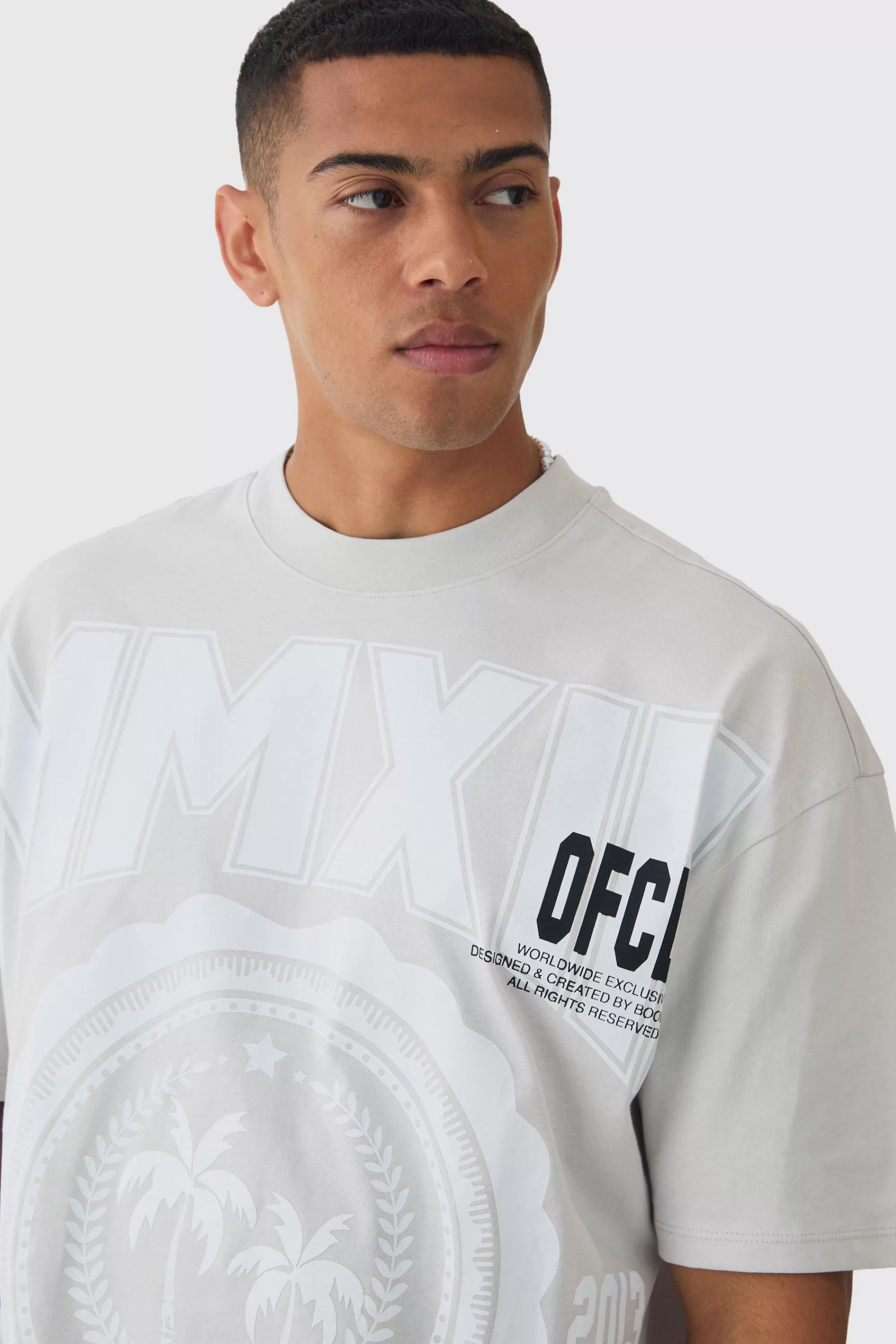 boohooMAN Oversized Boxy Extended Neck Palm Tree T-shirt | UK light grey Flash Sale
