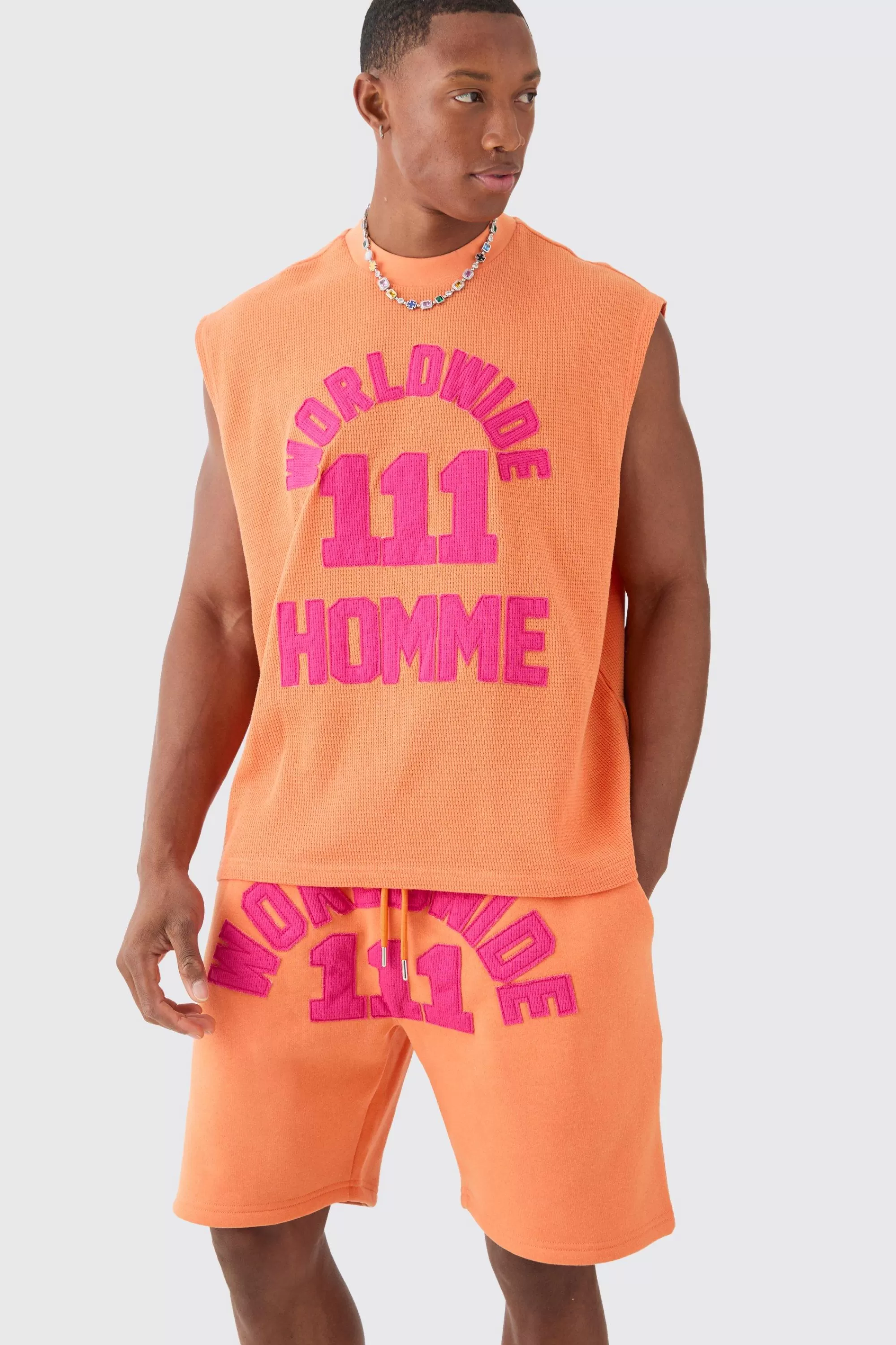 boohooMAN Oversized Boxy Extended Waffle Applique Tank & Shorts Set | UK orange Store