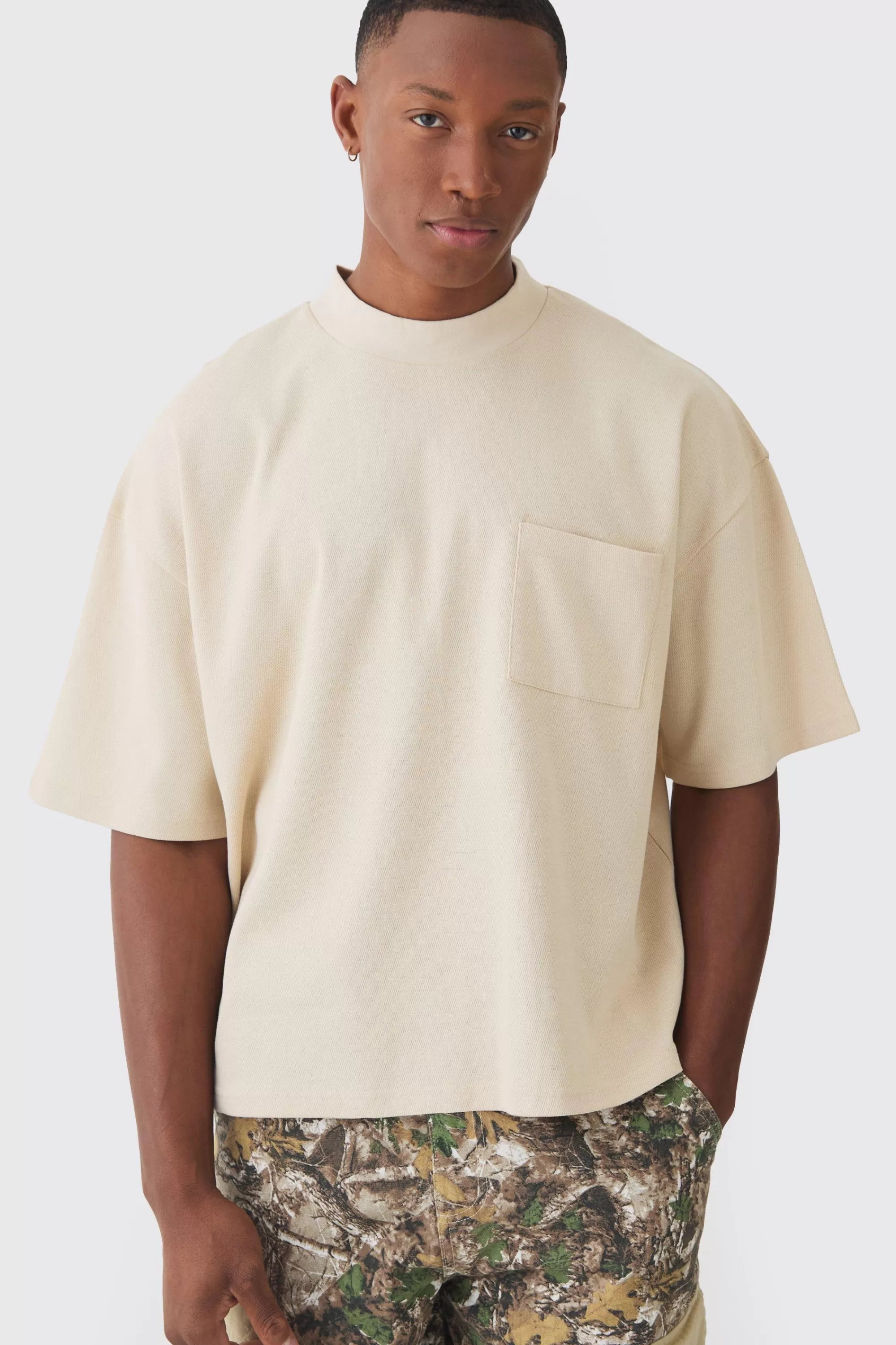 boohooMAN Oversized Boxy Fit Double Knit Mesh T-shirt | UK beige Cheap