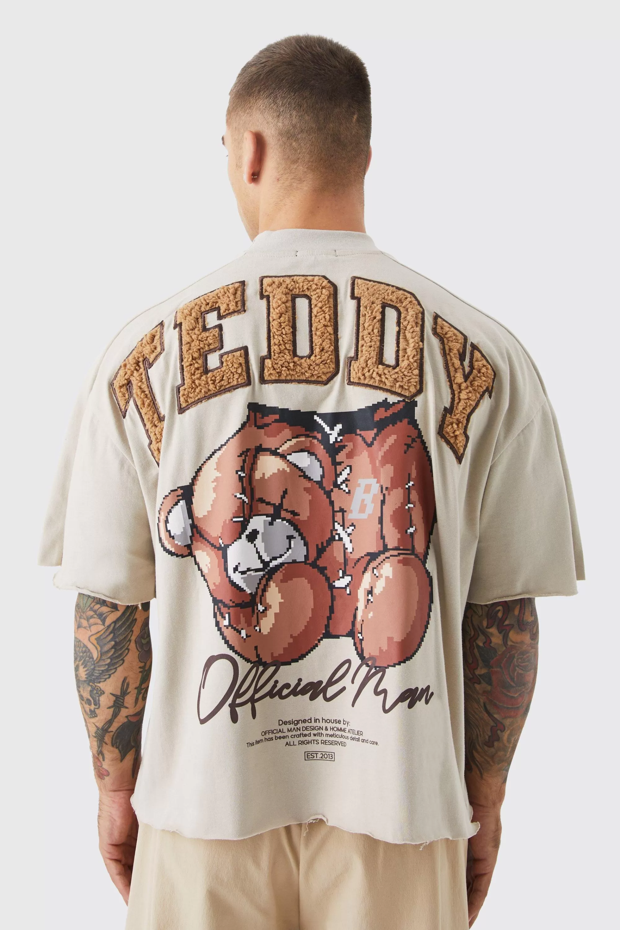boohooMAN Oversized Boxy Heavyweight Borg Teddy Graphic T-shirt | UK beige Best