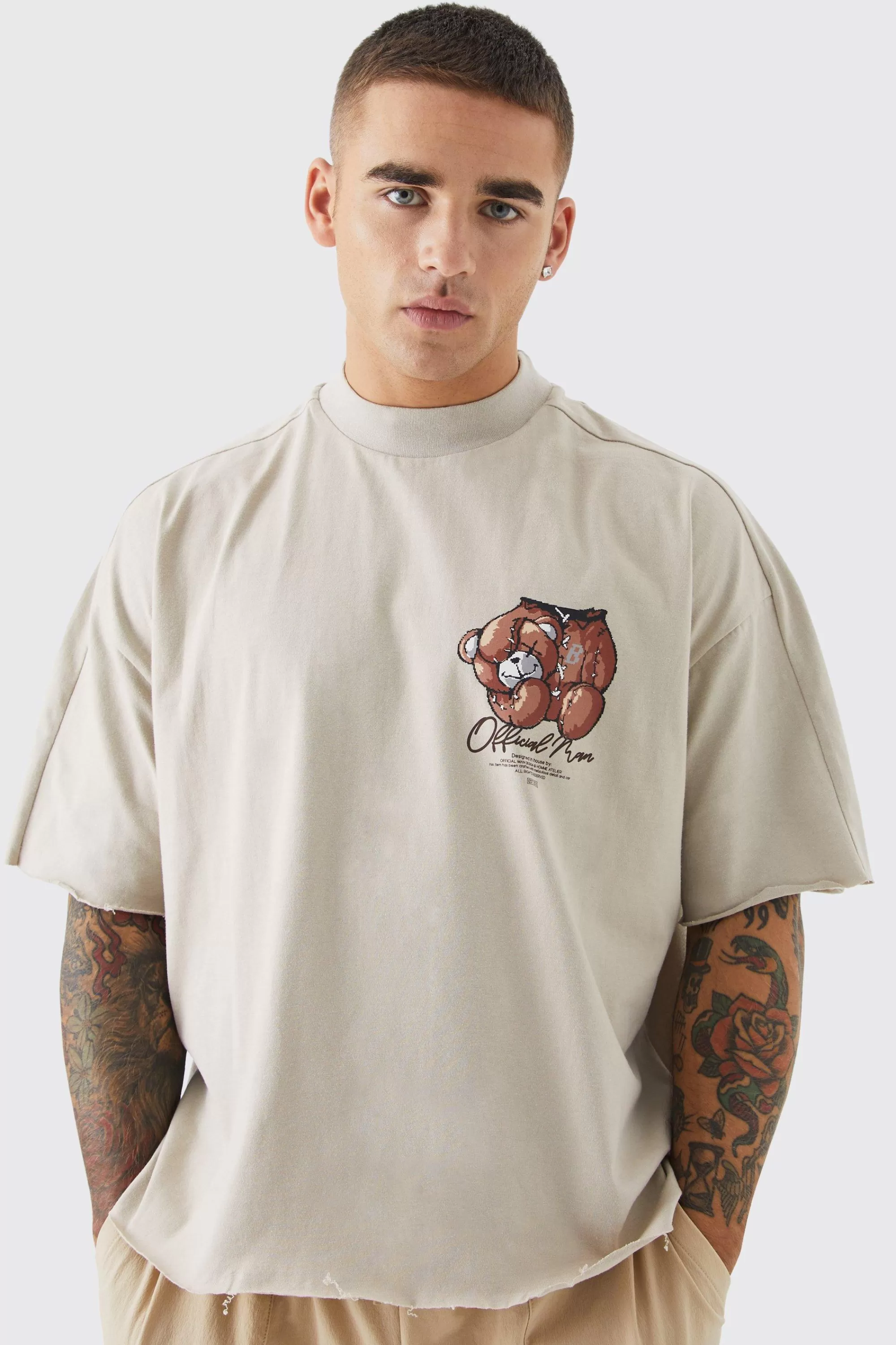 boohooMAN Oversized Boxy Heavyweight Borg Teddy Graphic T-shirt | UK beige Best